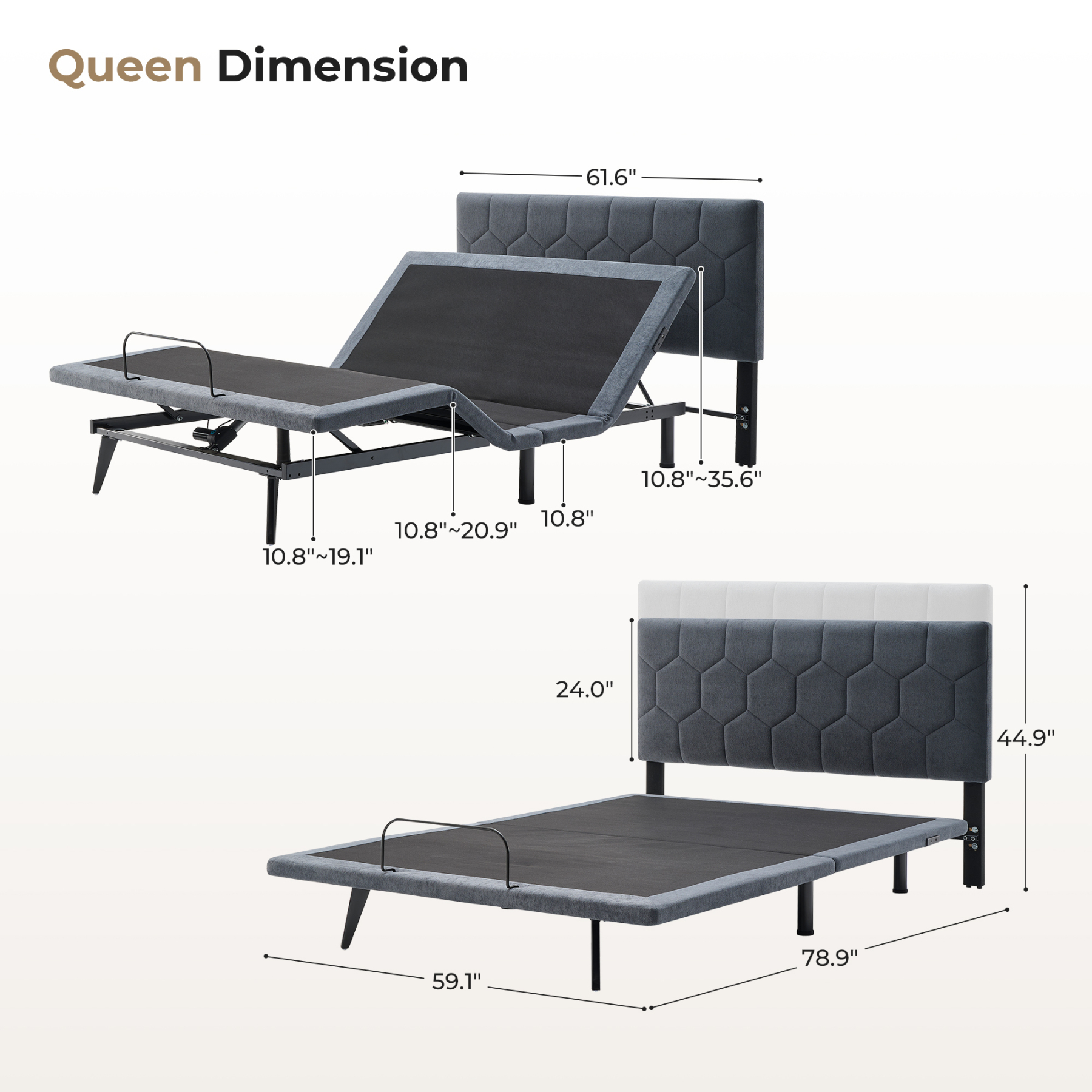 Sailvan Queen Adjustable Bed Frame with Upholstered Headboard, Ergonomic Smart bed frame with Wireless Remote Control & Dual USB Ports, Zero Gravity Independent Head and Foot Incline, Memory Position