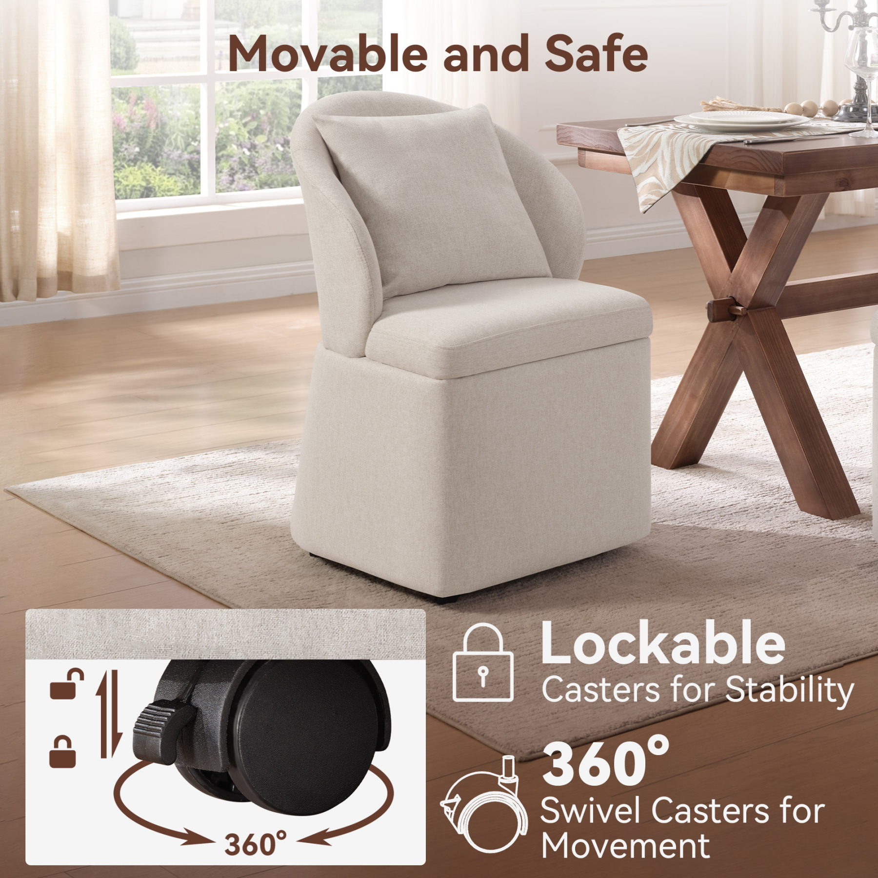 Rolling Dining Chairs with Storage, Accent Chair for Living Room & Dining Room with 4 Wheels, 2 Pcs