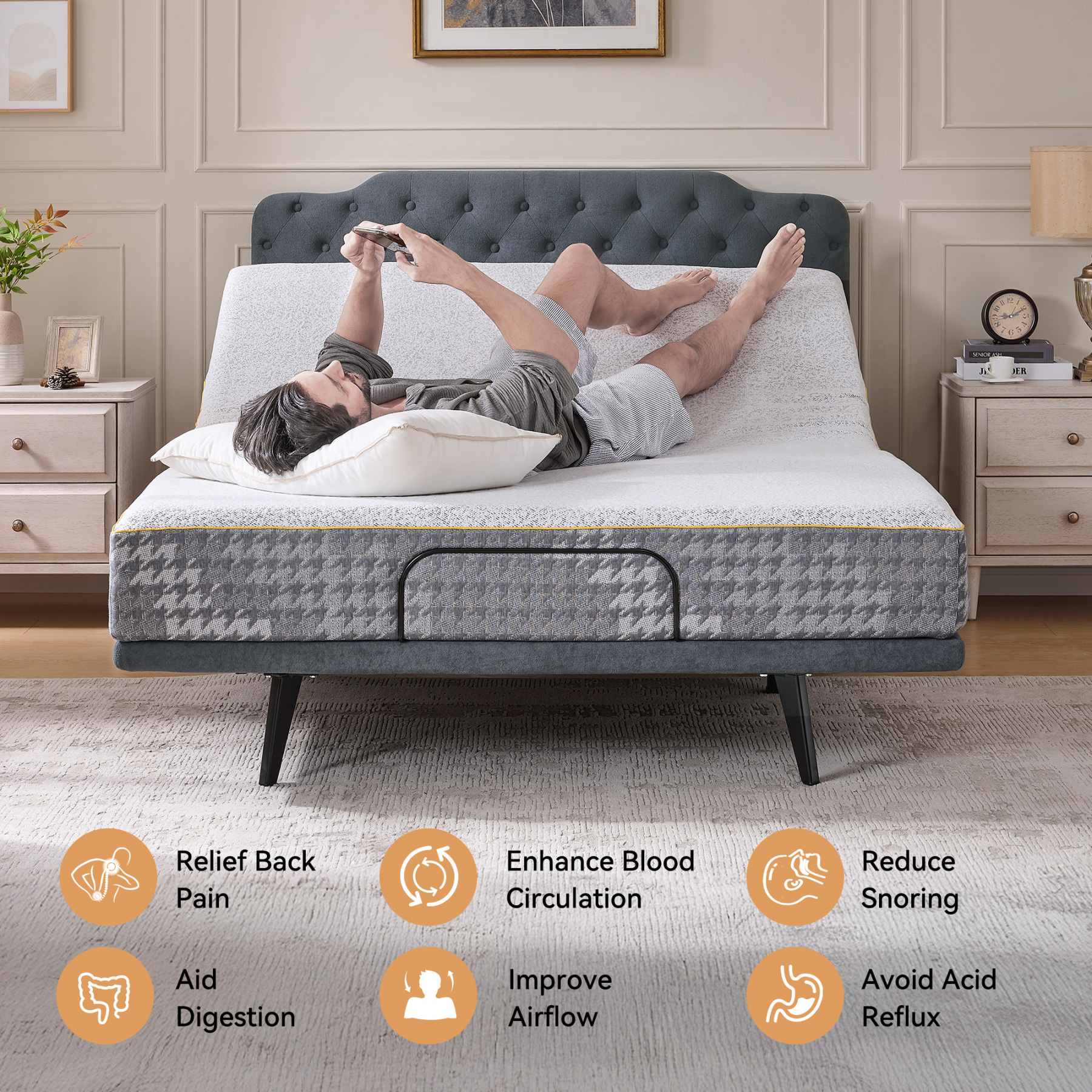 Adjustable Bed Frame, Electric Bed Frame Queen Size with with Upgraded Motor, Remote Control, 2 USB Ports, Independent Head & Foot Incline, 800lbs Capacity