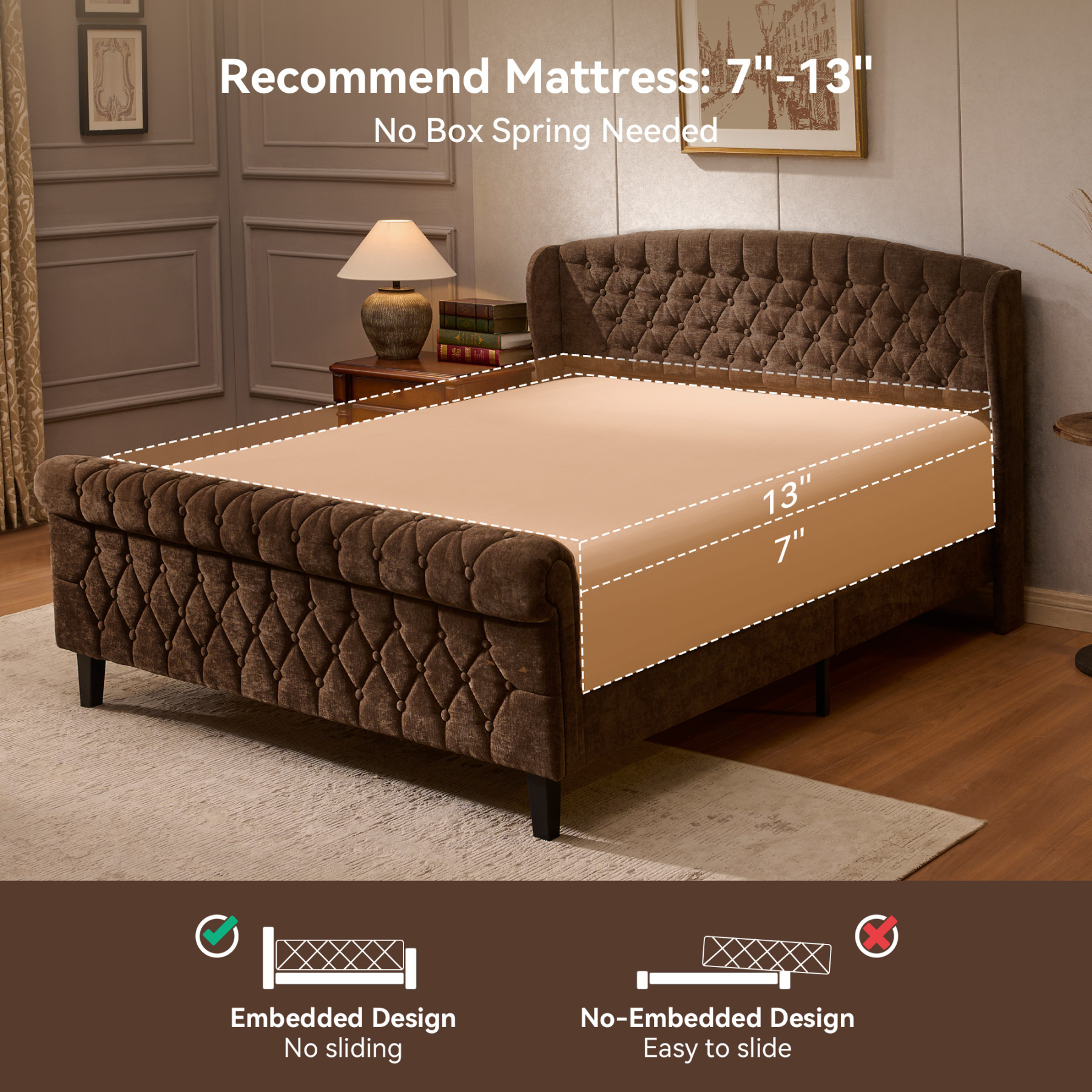 Susalt Queen Size Platform Bed Frame, Chenille Upholstered Sleigh Bed Frame with Scroll Footboard, Button Tufted/Wood Slats Support/No Box Spring Needed