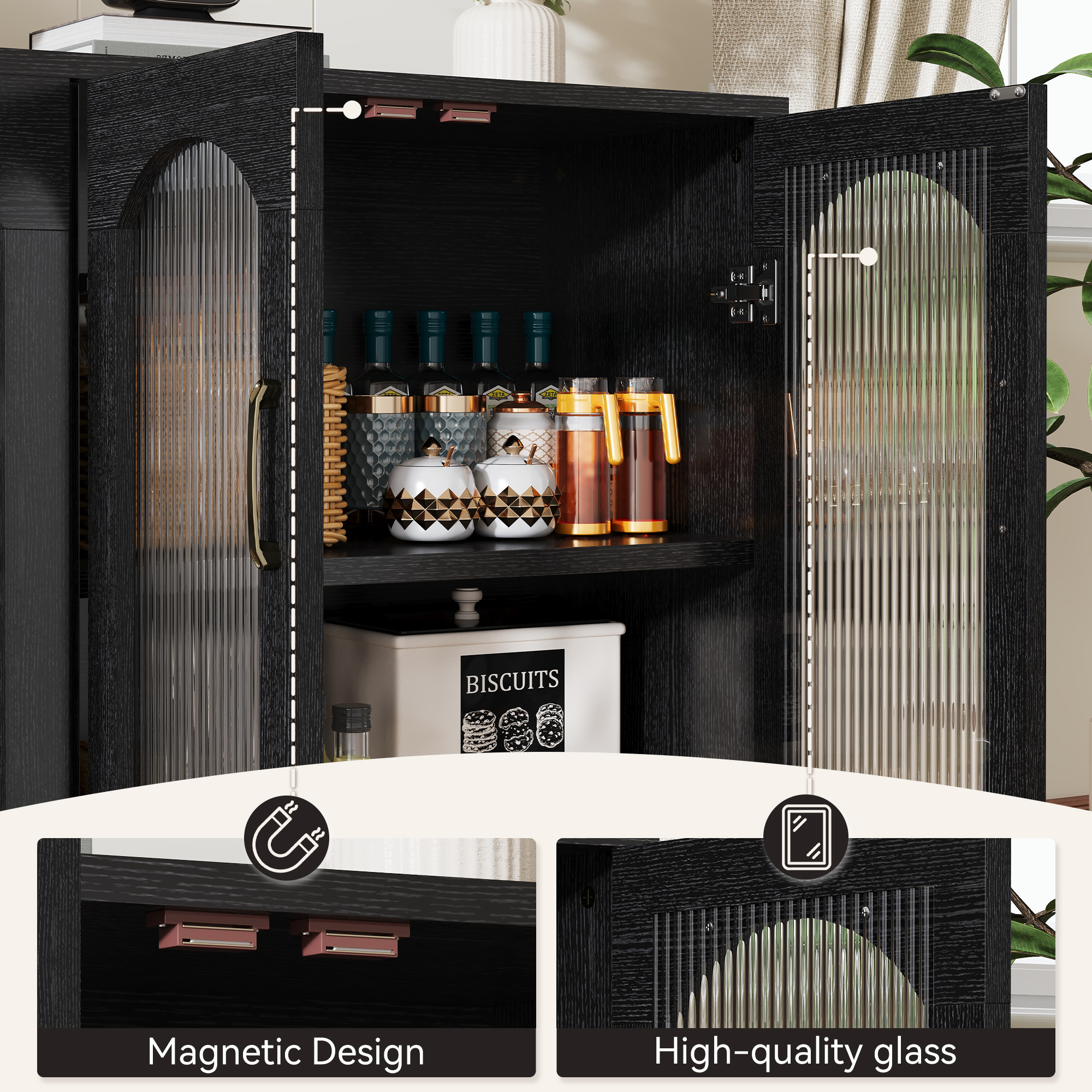 Sailvan Sideboard Buffet Cabinet with Storage, 55.1" Table with 4 Fluted Glass Doors, Built-in Removable Shelf, Kitchen Coffee Bar Table for Dining Room, Living Room,