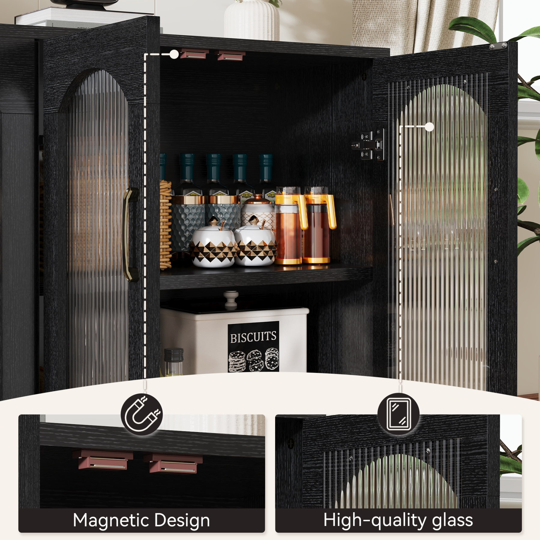 Sailvan Sideboard Buffet Cabinet with Storage, 55.1" Table with 4 Fluted Glass Doors, Built-in Removable Shelf, Kitchen Coffee Bar Table for Dining Room, Living Room,