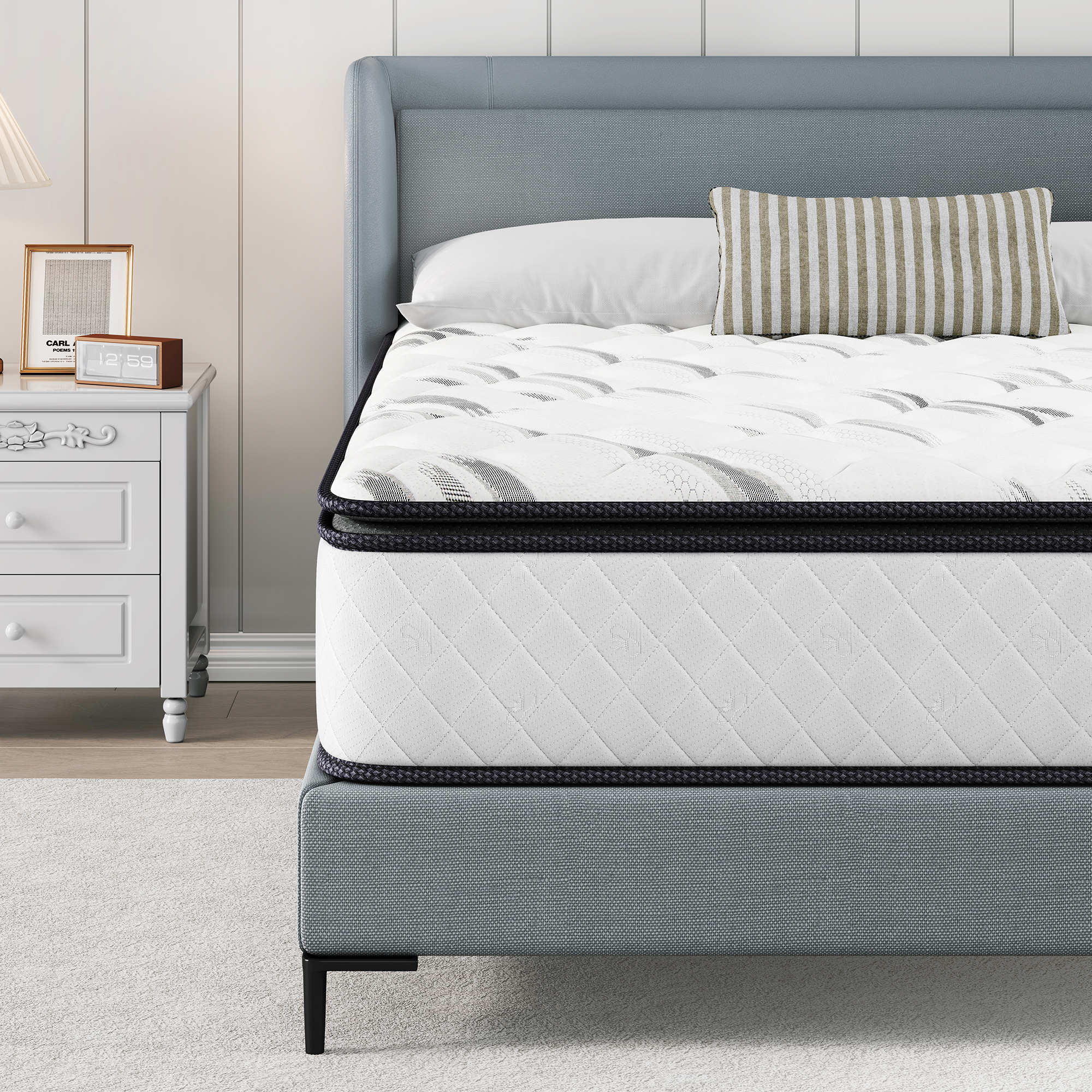 Sailvan Queen Mattress 14 inch, Queen Size Mattress in a Box, Hybrid Mattress Queen, Queen Bed Mattress With Memory Foam & Pocket Spring, Medium Firmness, CertiPUR-US, White& Black