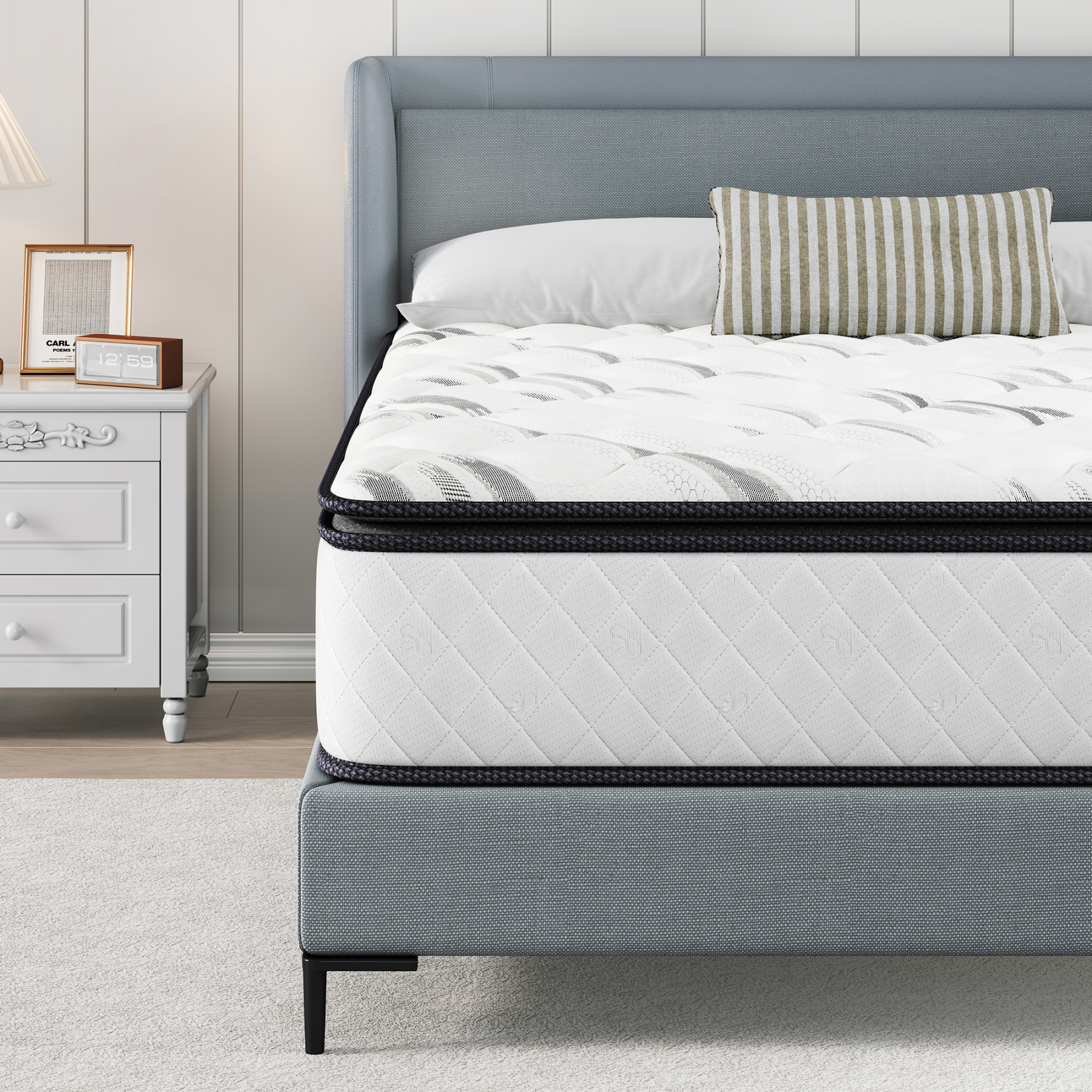 Sailvan Queen Mattress 14 inch, Queen Size Mattress in a Box, Hybrid Mattress Queen, Queen Bed Mattress With Memory Foam & Pocket Spring, Medium Firmness, CertiPUR-US, White& Black