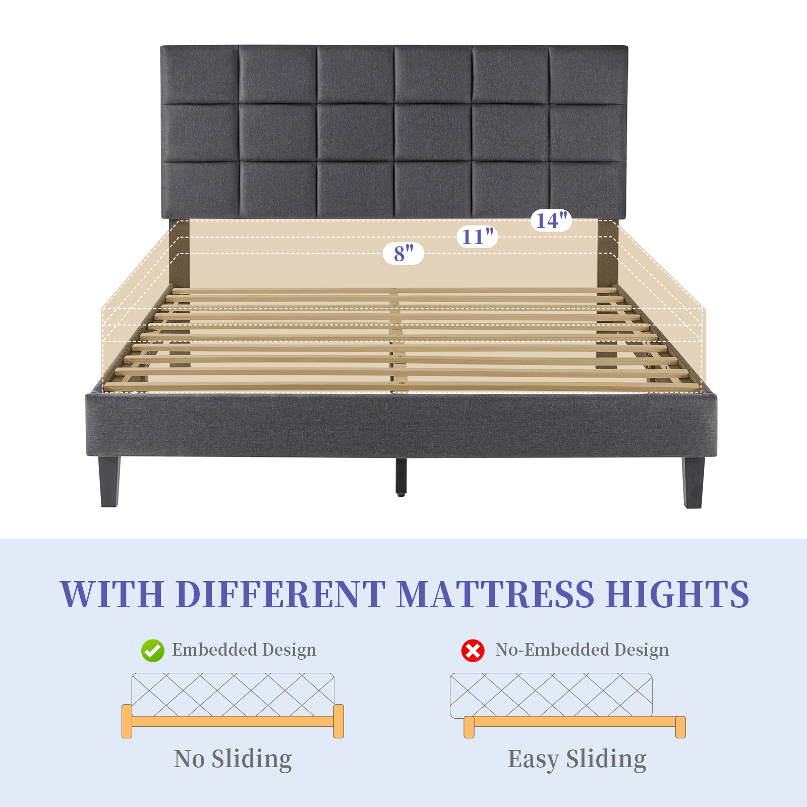 Susalt Full Size Bed Frames with Headboard, Full Bed Frame with Adjustable Upholstered Headboard, Solid wood support,No Box Spring Needed