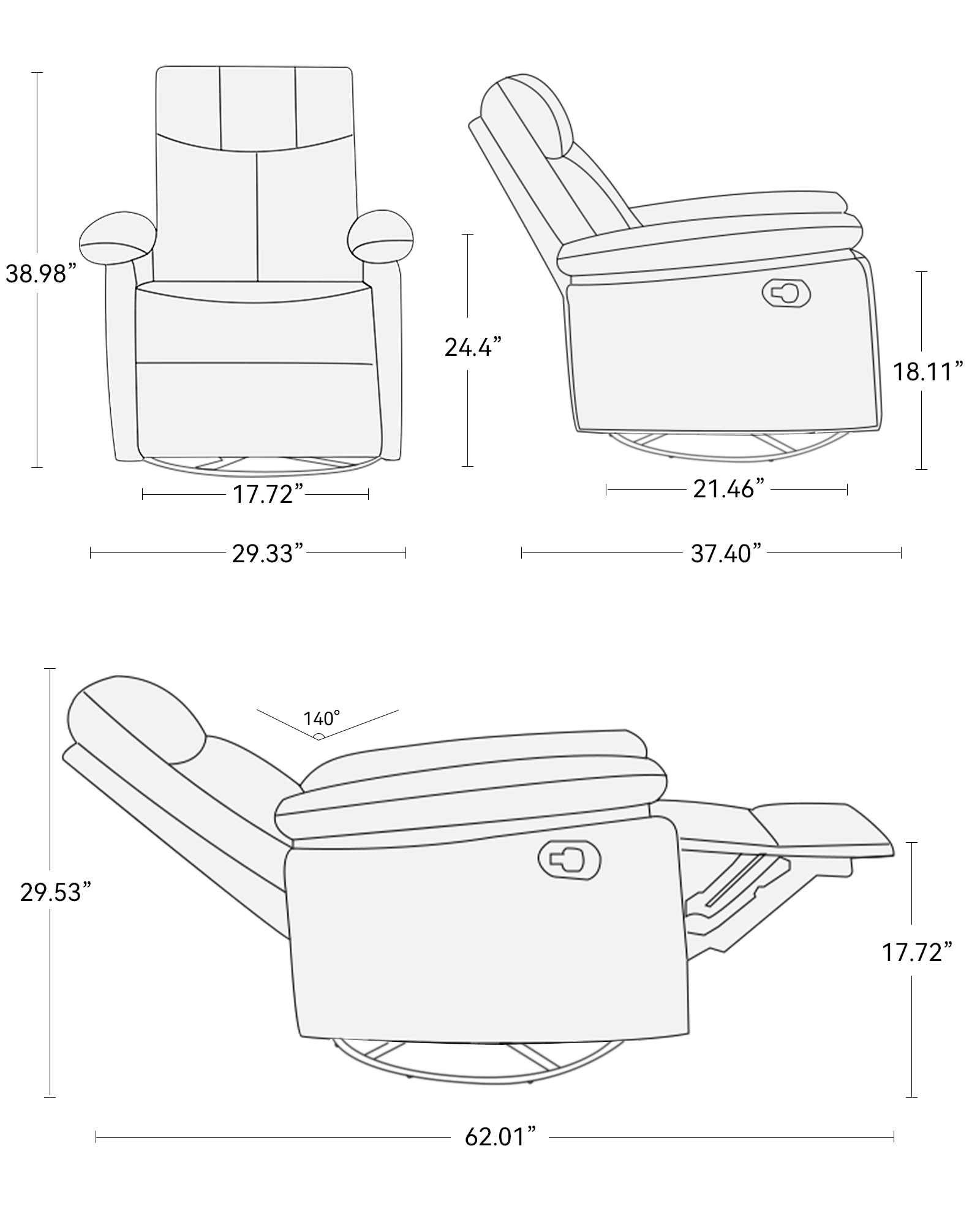 30° Rocker & 360° Swivel Recliner Chair, Manual Glider Reclining with Adjustable Backrest Footrest and Lumbar Support for Nursery Living Room Bedroom