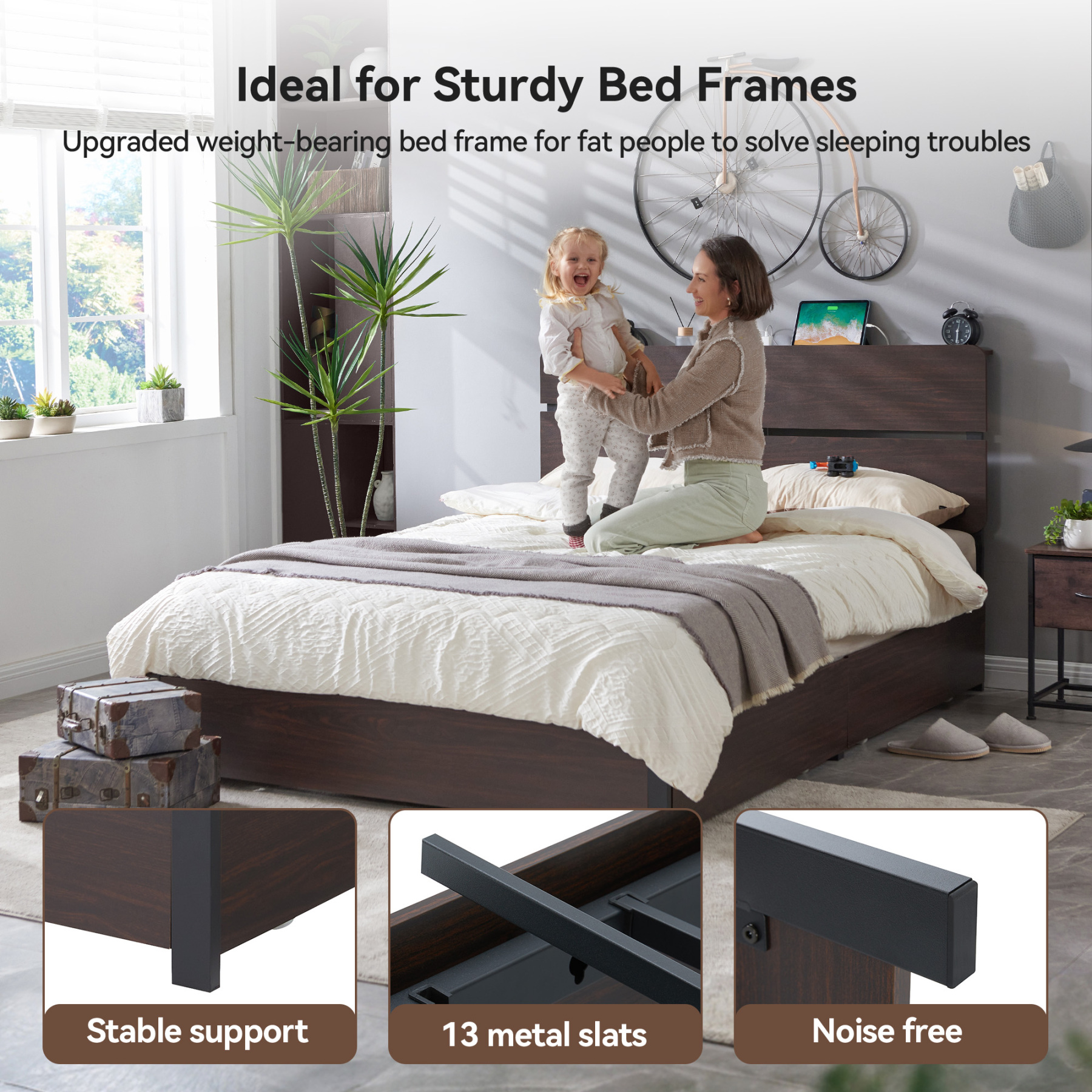  Full Size Bed Frame with Headboard, Platform Bed Frame with Charging Station, No Box Spring Needed, Easy Assembly, Heavy Duty Metal Slats, Walnut Color