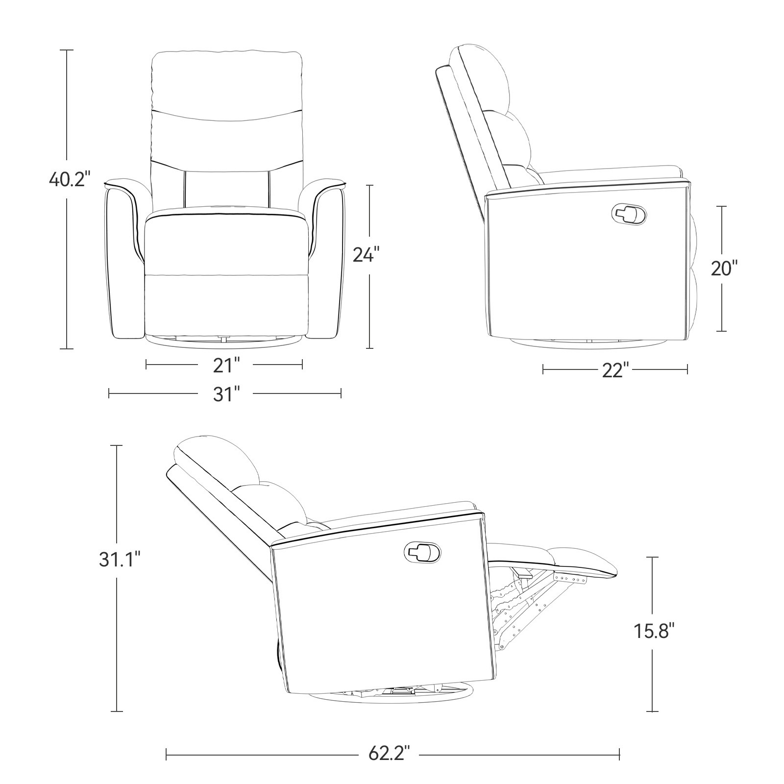 Susalt Recliner Chair for Adults, Rocker Reclining Chair for Nursery, Leather Swivel Sofa with Adjustable Backrest and Footrest, for Small Spaces, Living Room, RV（Light Gray）