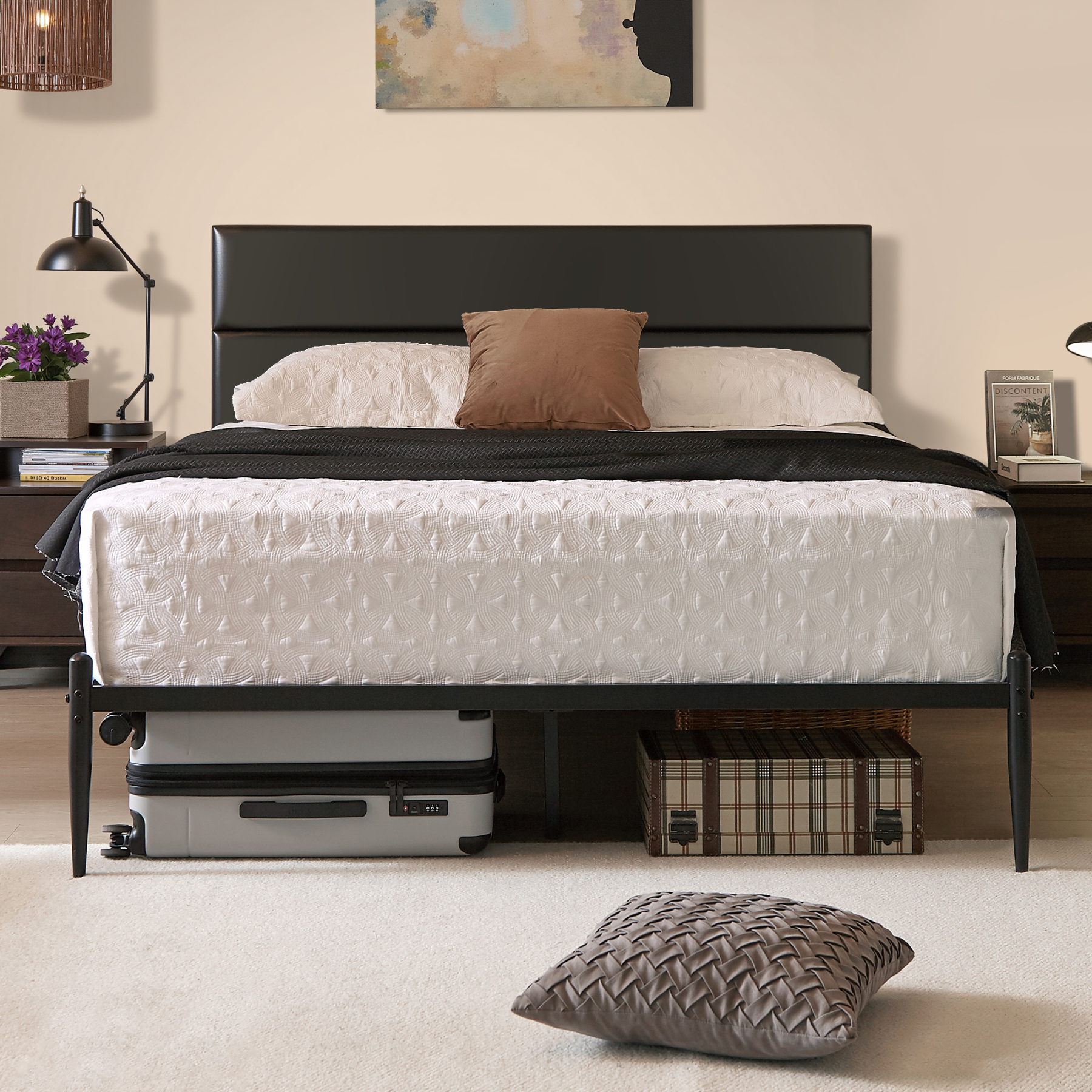 Sailvan Queen Bed Frame with Headboard, PU Leather Upholstered Metal Platform Bed Frame, Metal Slat Support, Easy Assembly, Noise Free, Black