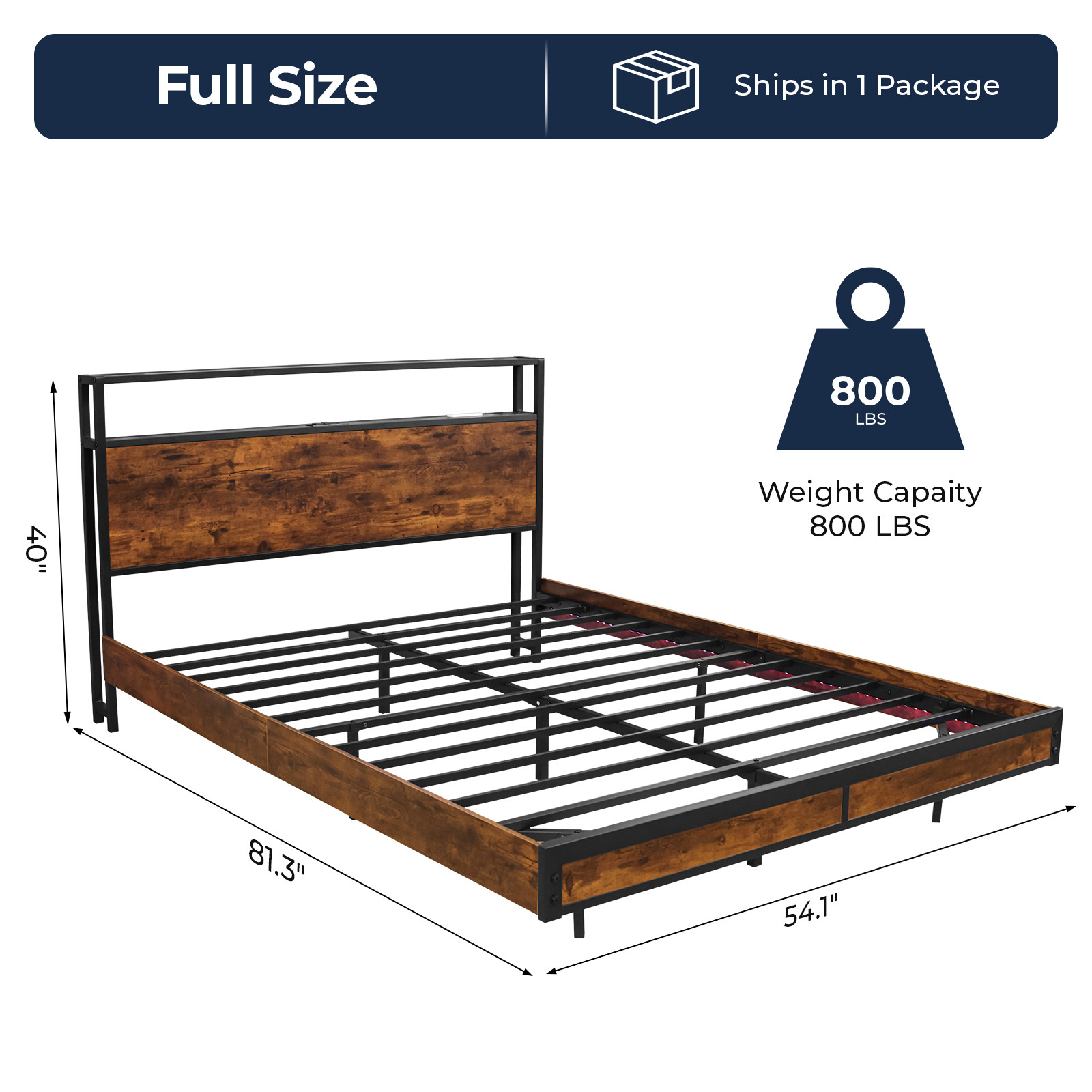Susalt Full Bed Frame with 2-Tier Storage Headboard, Metal Industrial Style Platform Full Size Bed Frame with Charging Station & LED Lights