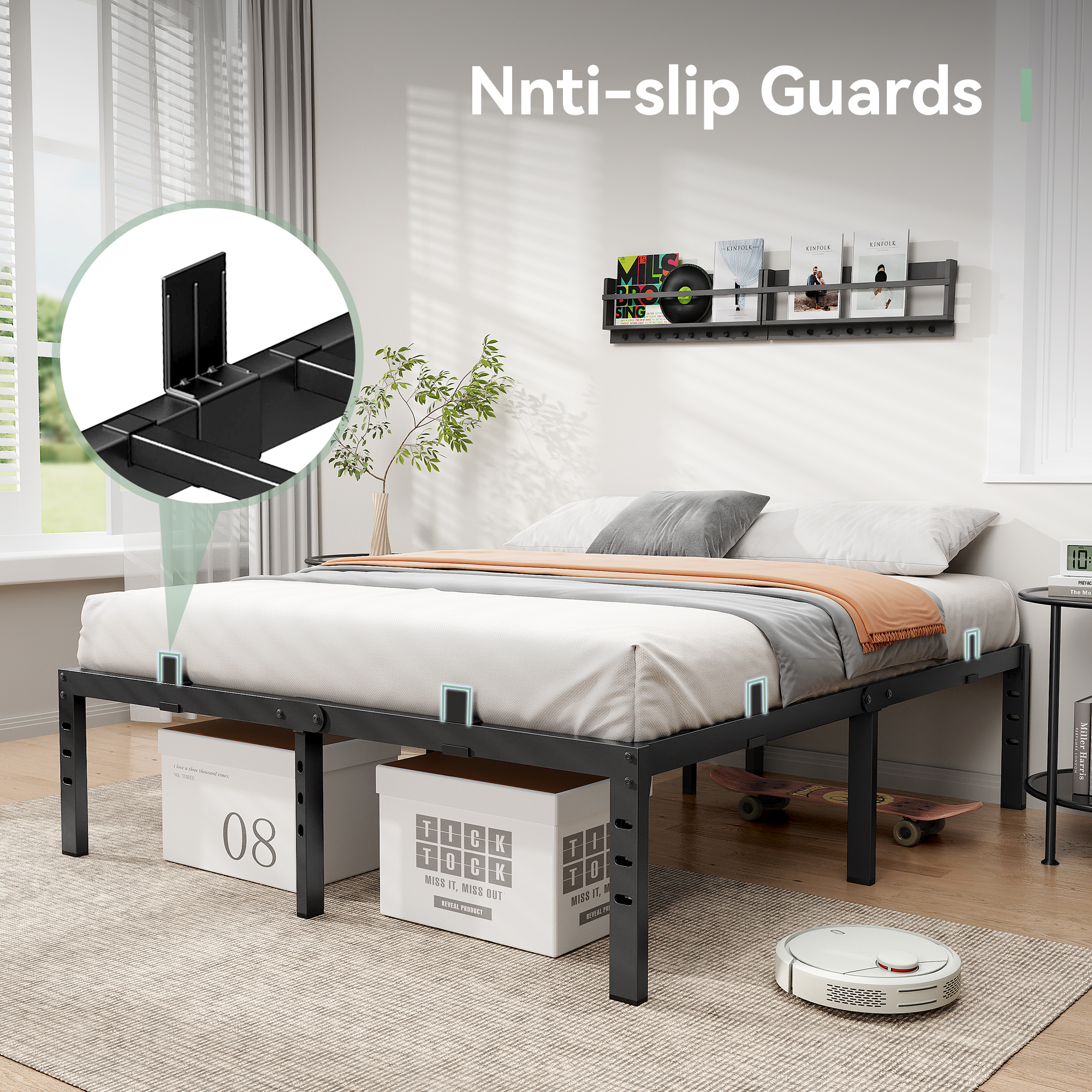 14 inch Queen Bed Frame , Upgraded Metal Platform Bed Frame Queen Size with Non-Slip Baffles, Heavy Duty Steel Slats Support, Noise Free, Easy Assembly, No Box Spring Needed
