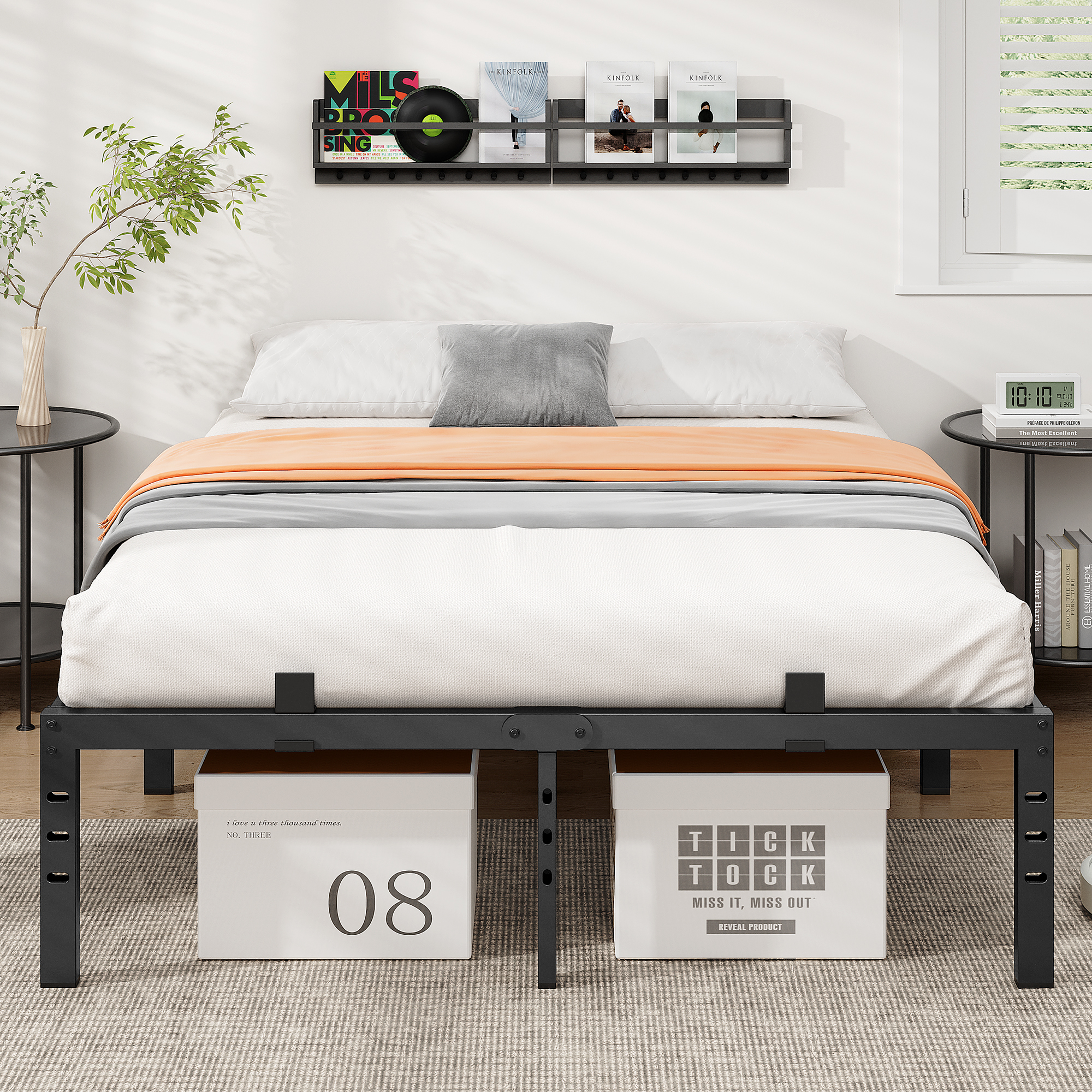 14 inch Queen Bed Frame , Upgraded Metal Platform Bed Frame Queen Size with Non-Slip Baffles, Heavy Duty Steel Slats Support, Noise Free, Easy Assembly, No Box Spring Needed
