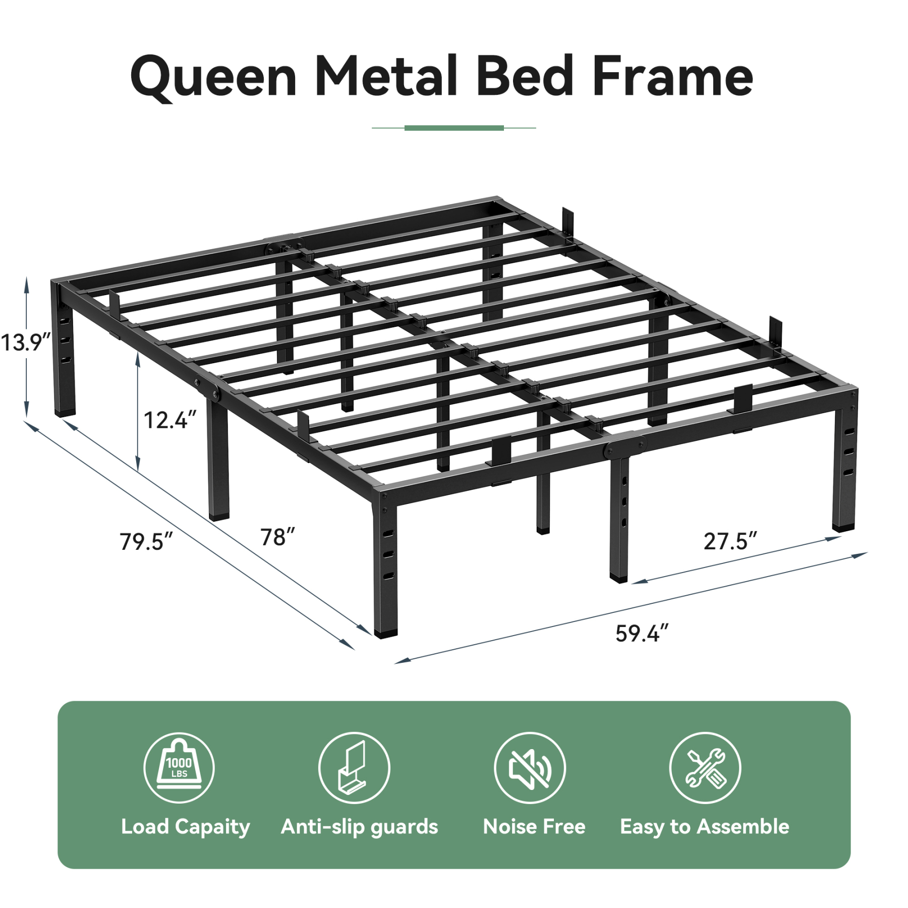 14 inch Queen Bed Frame , Upgraded Metal Platform Bed Frame Queen Size with Non-Slip Baffles, Heavy Duty Steel Slats Support, Noise Free, Easy Assembly, No Box Spring Needed