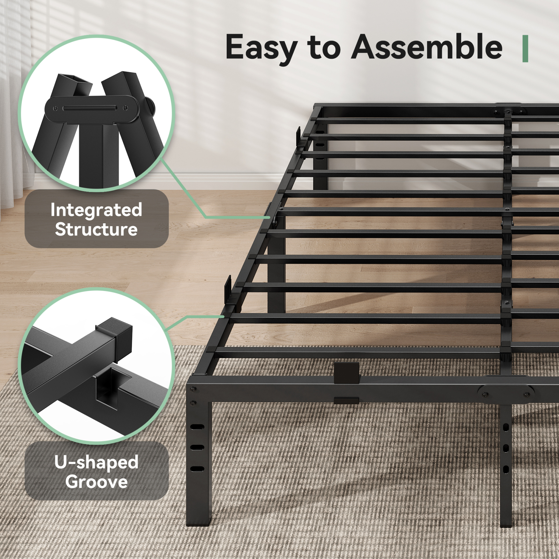 14 inch Queen Bed Frame , Upgraded Metal Platform Bed Frame Queen Size with Non-Slip Baffles, Heavy Duty Steel Slats Support, Noise Free, Easy Assembly, No Box Spring Needed