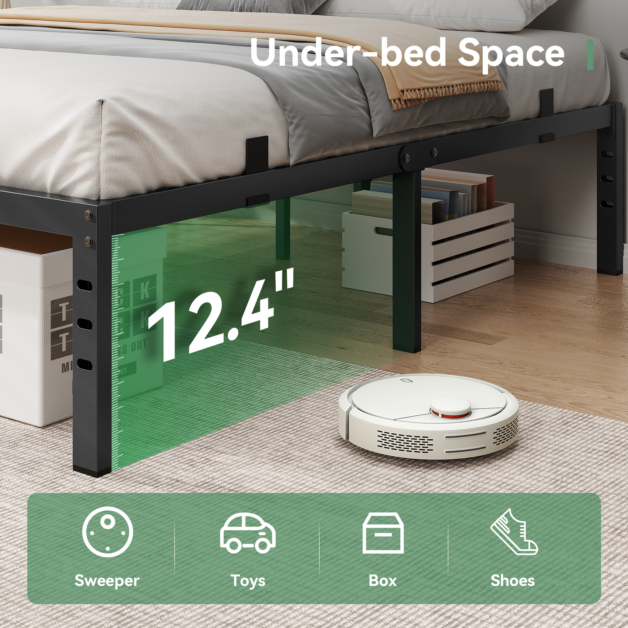 14 inch Queen Bed Frame , Upgraded Metal Platform Bed Frame Queen Size with Non-Slip Baffles, Heavy Duty Steel Slats Support, Noise Free, Easy Assembly, No Box Spring Needed