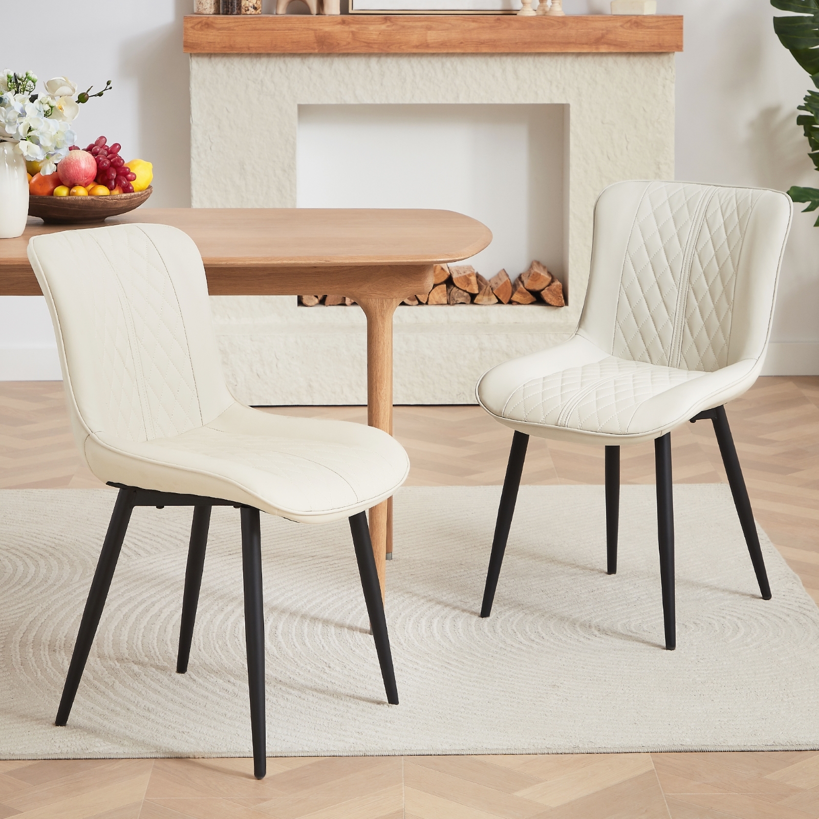 Dining Chair Set of 2, Upholstered Kitchen & Dining Room Chairs Tufted Accent Chairs with Comfortable PU Leather & Metal Legs Kitchen Living Room