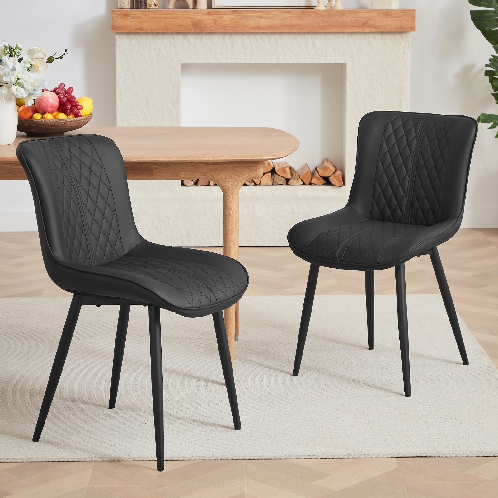 Dining Chair Set of 2, Upholstered Kitchen & Dining Room Chairs Tufted Accent Chairs with Comfortable PU Leather & Metal Legs Kitchen Living Room