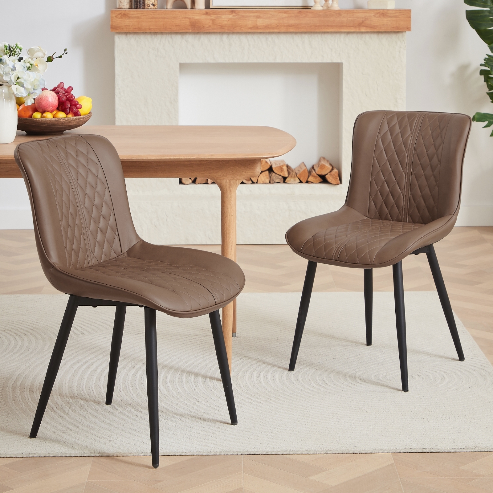 Dining Chair Set of 2, Upholstered Kitchen & Dining Room Chairs Tufted Accent Chairs with Comfortable PU Leather & Metal Legs Kitchen Living Room