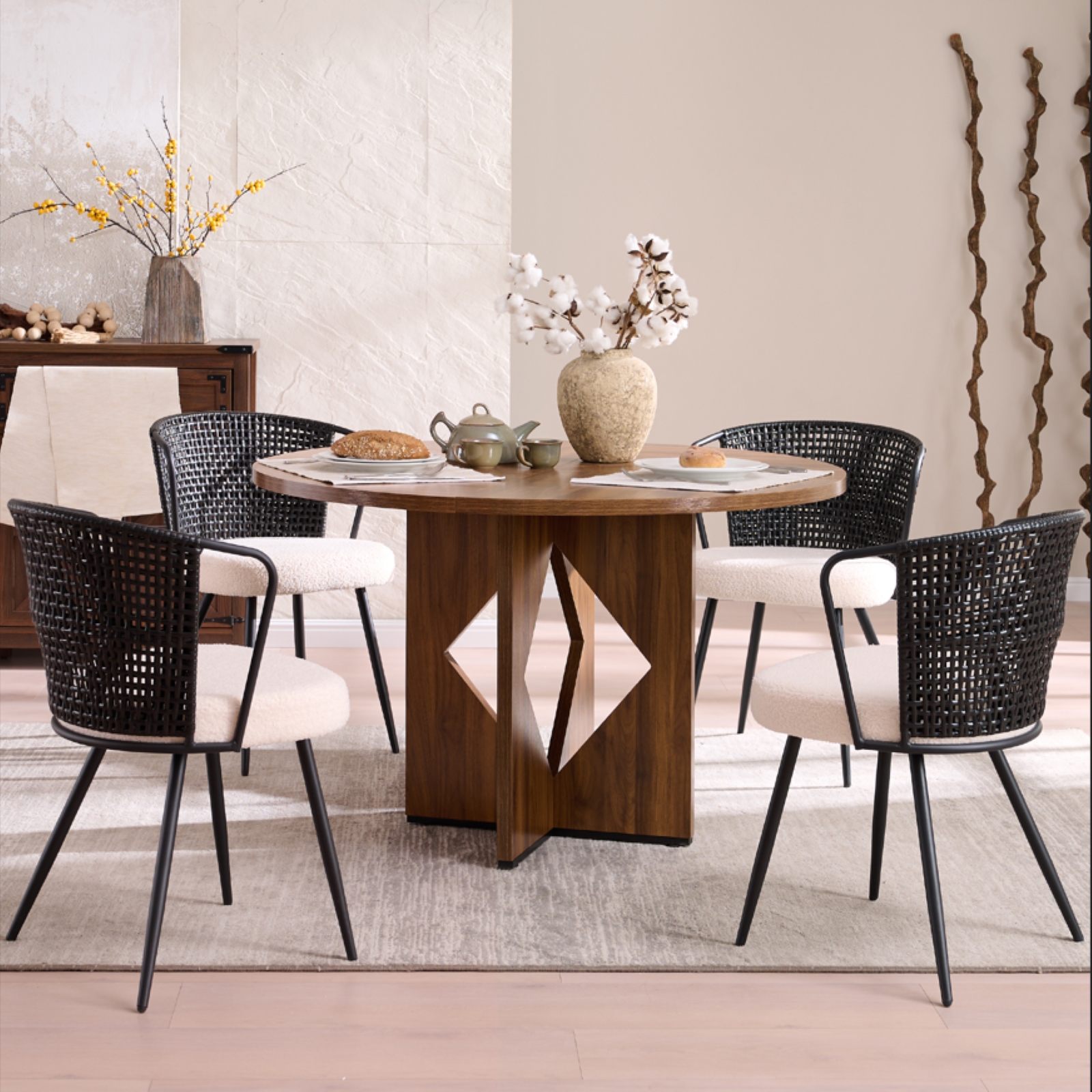 Dining Chair Set of 4, Upholstered Kitchen & Dining Room Chairs Tufted Accent Chairs with Rattan Backrest & Lamb Fleece Fabric Cushion, Wingback Dining Room Seat