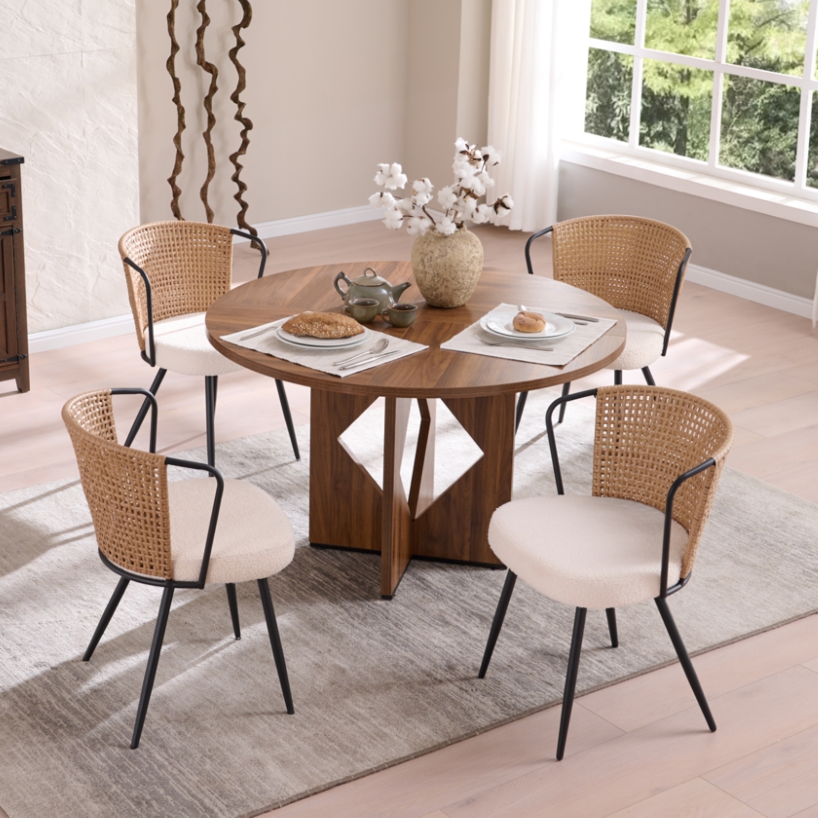 Dining Chair Set of 4, Upholstered Kitchen & Dining Room Chairs Tufted Accent Chairs with Rattan Backrest & Lamb Fleece Fabric Cushion, Wingback Dining Room Seat