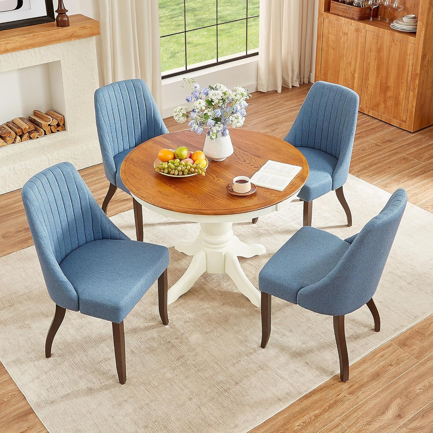 Upholstered Dining Chairs Set of 4, Modern Fabric 4 PCS Dining Room Chairs for Kitchen & Living Room with Solid Wood Legs, 300lbs Capacity