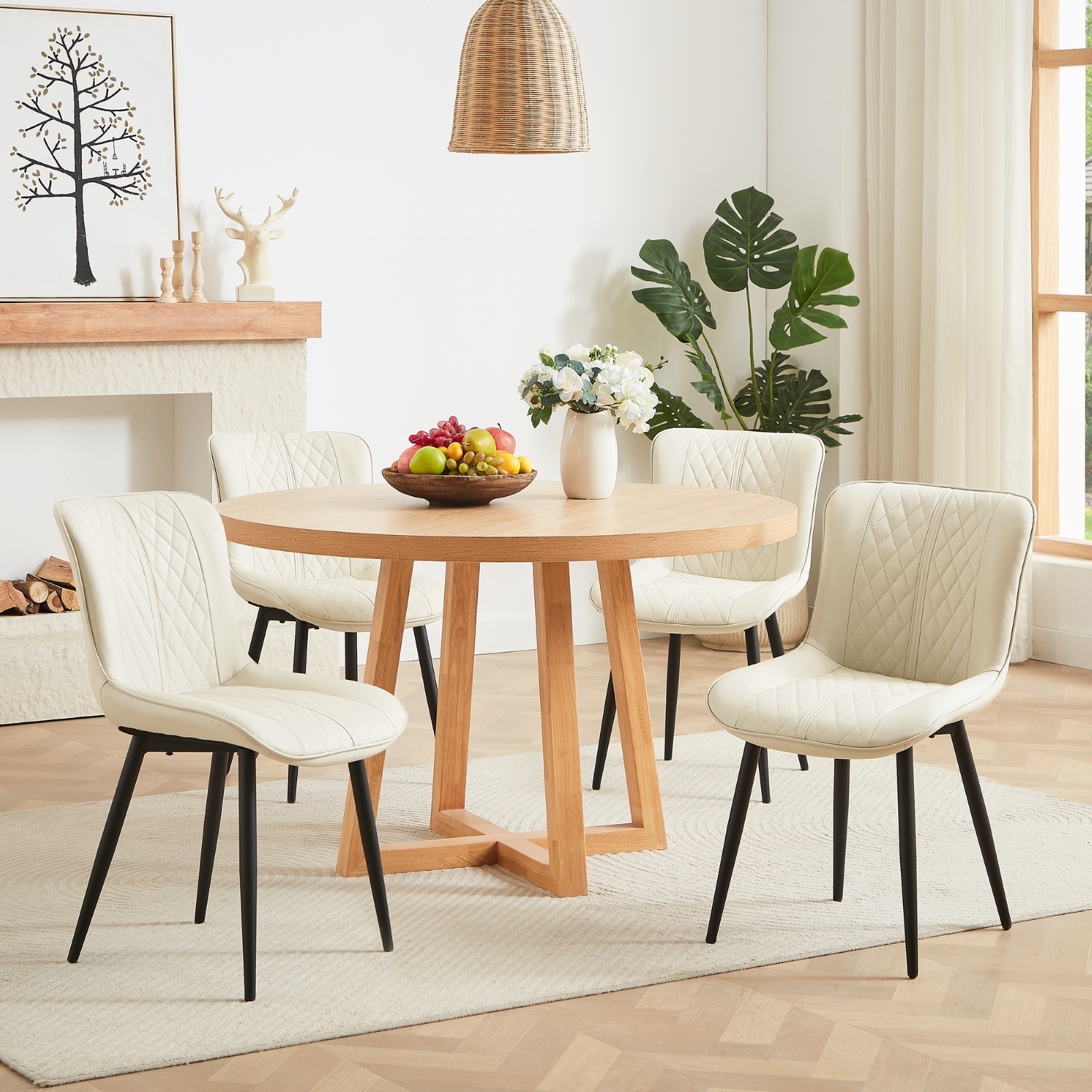 Dining Chair Set of 4, Upholstered Kitchen & Dining Room Chairs Tufted Accent Chairs with Comfortable PU Leather & Metal Legs Kitchen Living Room