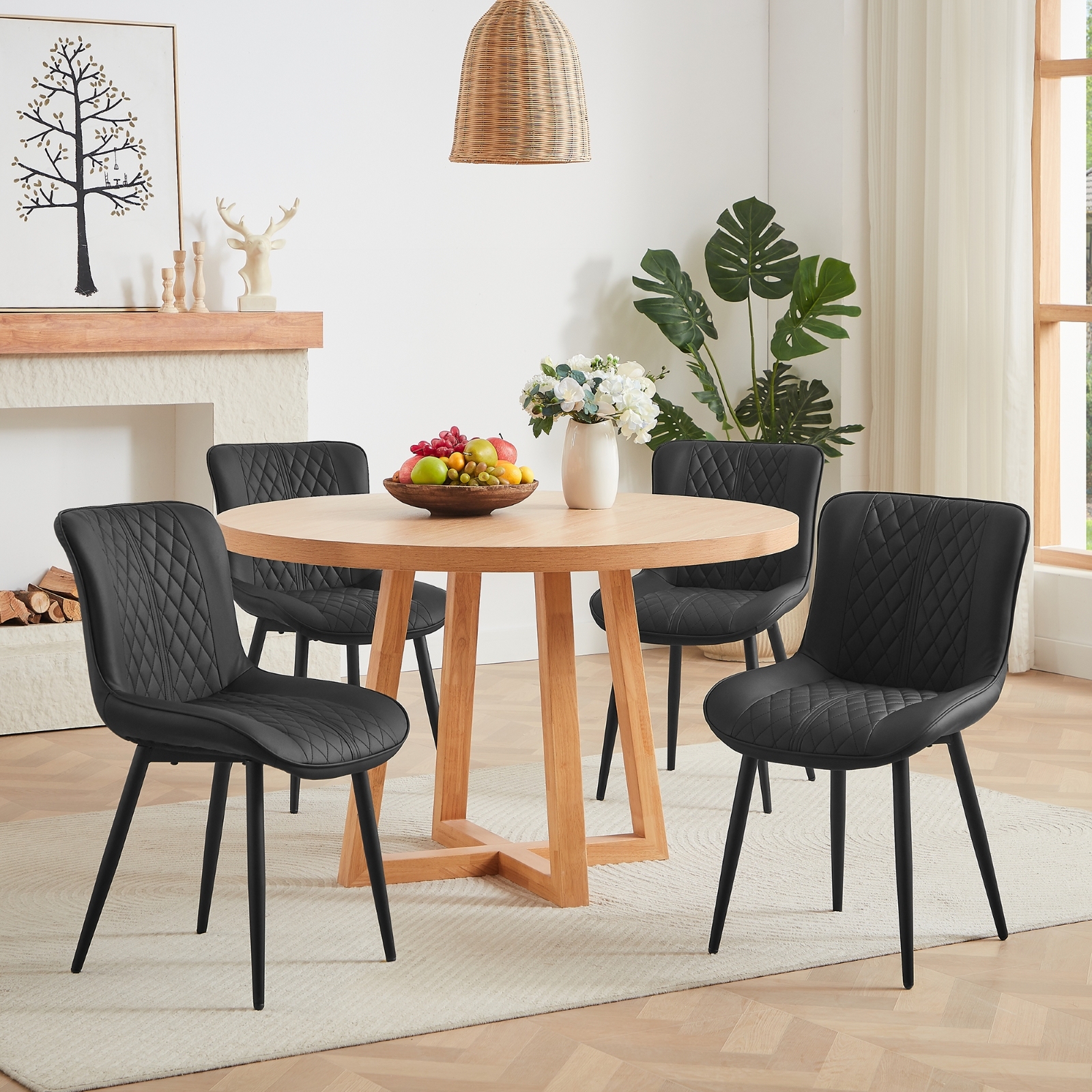 Dining Chair Set of 4, Upholstered Kitchen & Dining Room Chairs Tufted Accent Chairs with Comfortable PU Leather & Metal Legs Kitchen Living Room