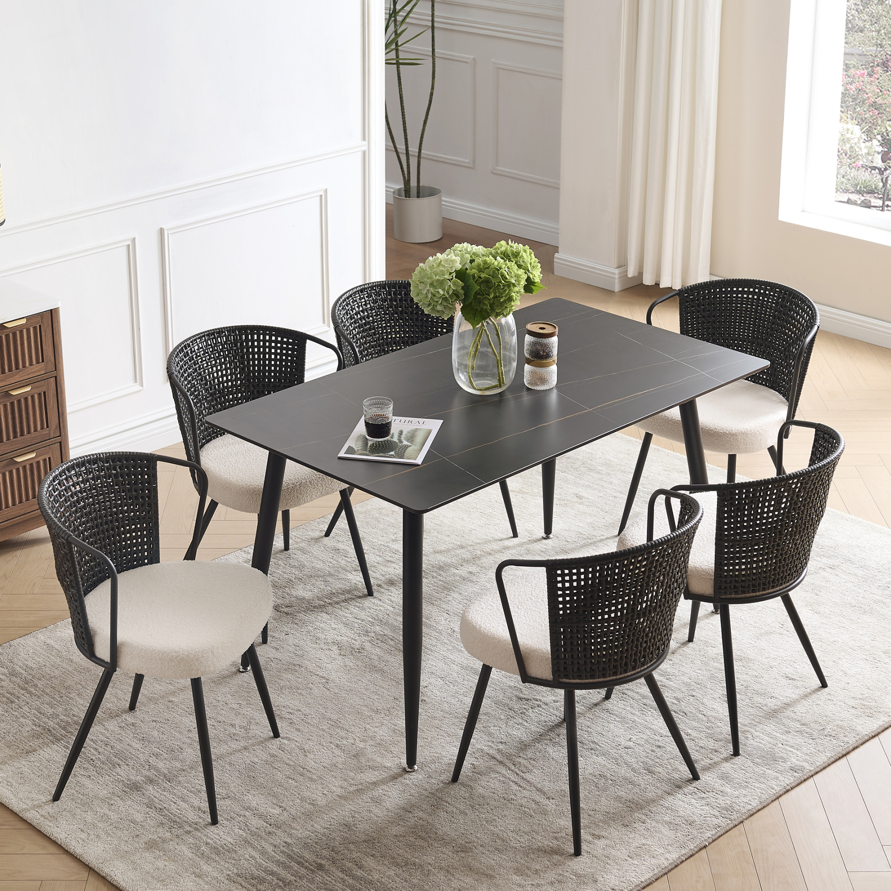 Dining Chair Set of 6, Upholstered Kitchen & Dining Room Chairs Tufted Accent Chairs with Rattan Backrest & Lamb Fleece Fabric Cushion, Wingback Dining Room Seat