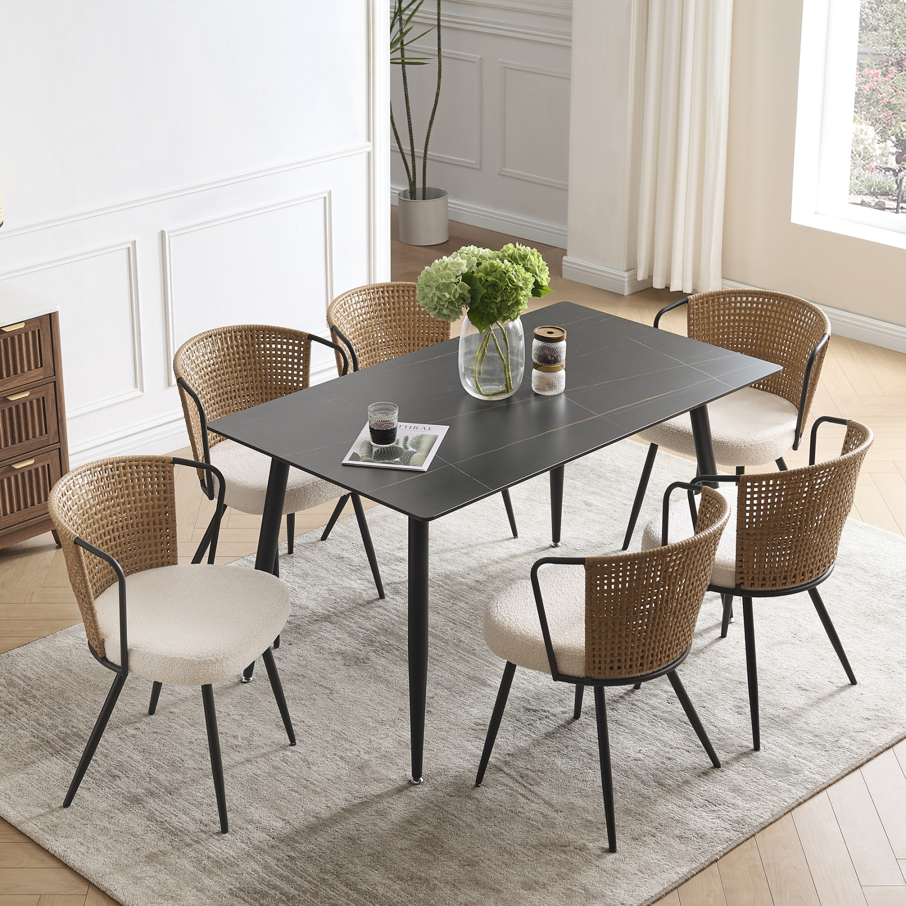 Dining Chair Set of 6, Upholstered Kitchen & Dining Room Chairs Tufted Accent Chairs with Rattan Backrest & Lamb Fleece Fabric Cushion, Wingback Dining Room Seat