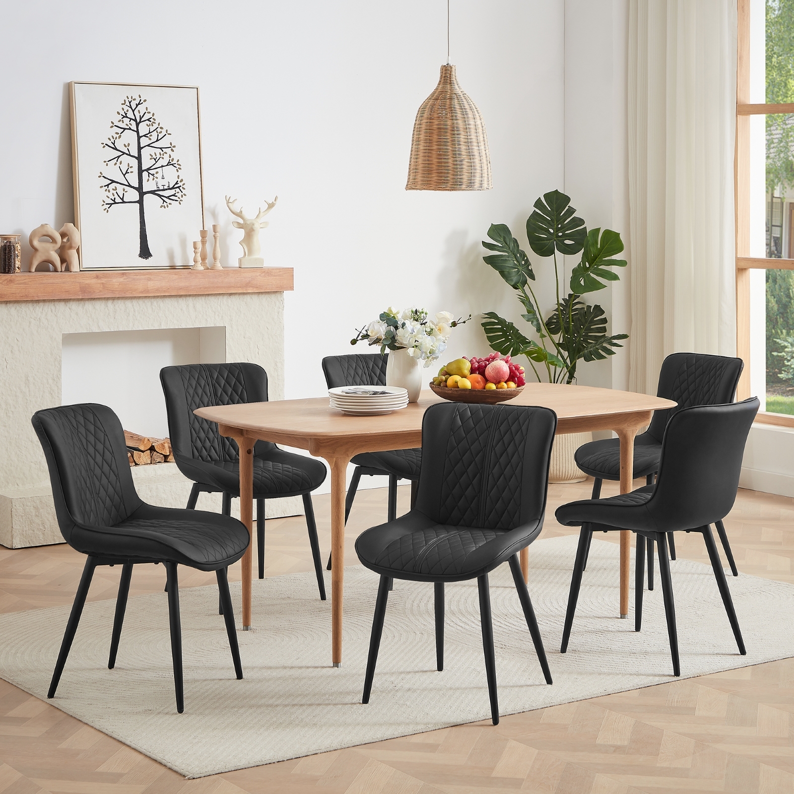 Dining Chair Set of 6, Upholstered Kitchen & Dining Room Chairs Tufted Accent Chairs with Comfortable PU Leather & Metal Legs Kitchen Living Room