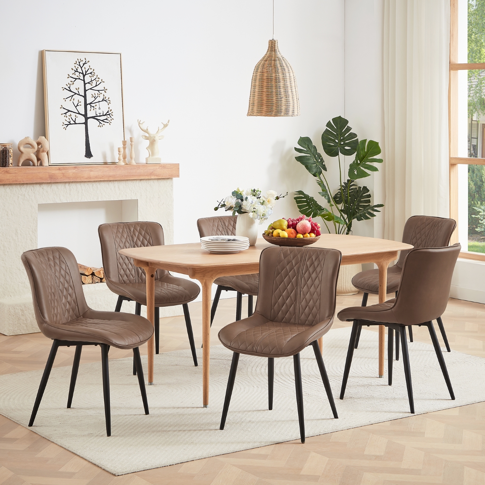 Dining Chair Set of 6, Upholstered Kitchen & Dining Room Chairs Tufted Accent Chairs with Comfortable PU Leather & Metal Legs Kitchen Living Room