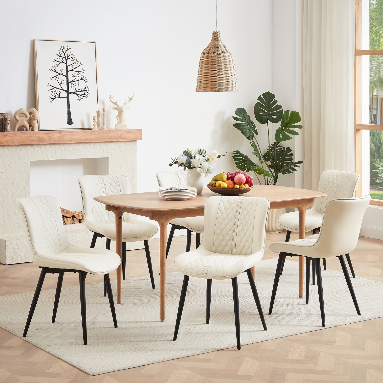 Dining Chair Set of 6, Upholstered Kitchen & Dining Room Chairs Tufted Accent Chairs with Comfortable PU Leather & Metal Legs Kitchen Living Room