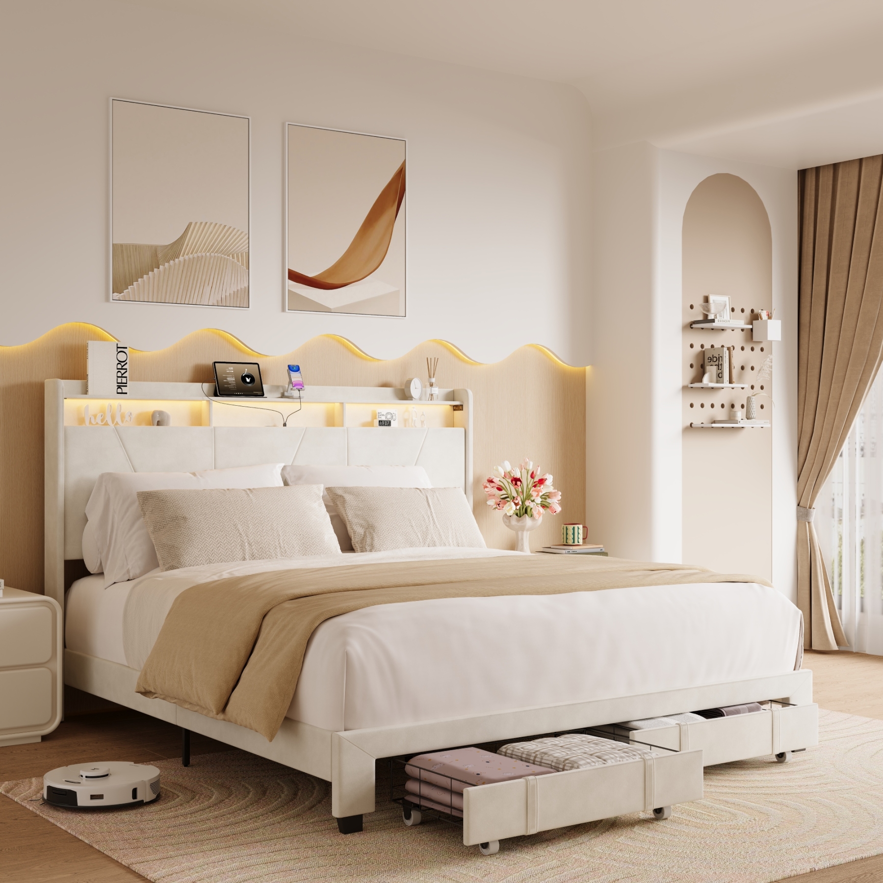 Susalt Bed Frame with Storage Headboard, Upholstered Bed Wooden Platform Bed with Drawers & RGB LED Lights