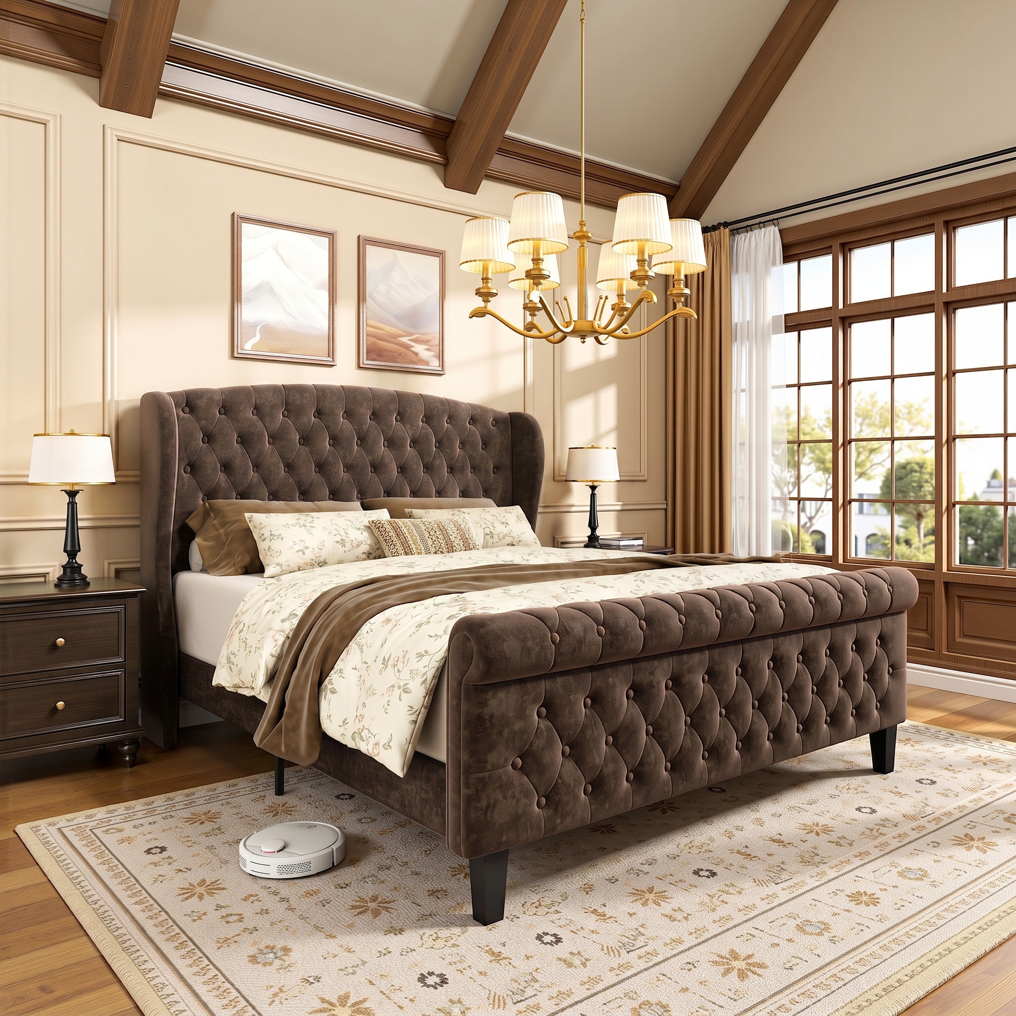 Sailvan Queen Bed Frame,Chenille Upholstered Platform Sleigh Bed Frame with Rolling Footboard, Button Tufted, Wooden Board Support, 1000lbs Capacity