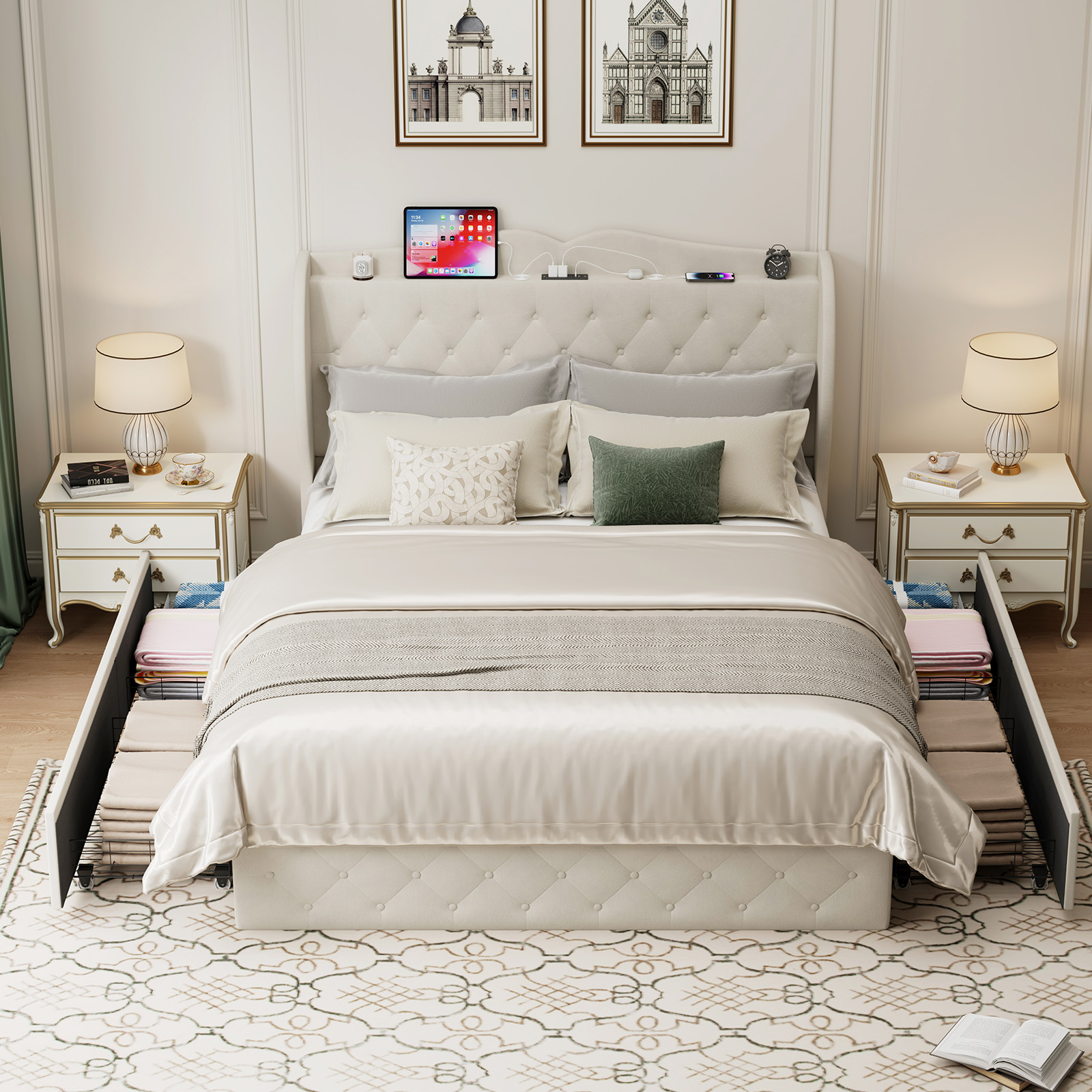 Sailvan Queen Bed Frame with Tall Wingback Headboard,Upholstered Platform Bed Frame with Charging Station, 4 Storage Drawers, Button Tufted, Easy Assembly, No Box Spring Needed, Beige
