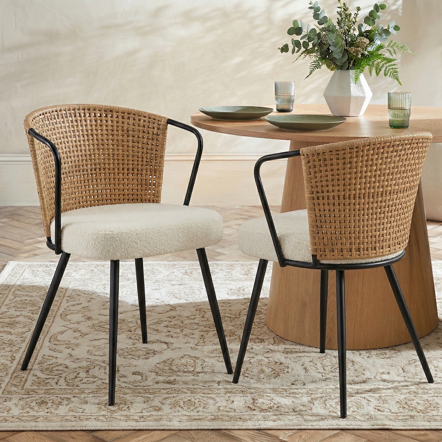 Sailvan Set of 2/4/6 Dining Chairs, Upholstered Rattan Kitchen & Dining Room Chairs with Rattan Backrest & Boucle Cushion, Farmhouse Dining Room Chair with Metal Leg