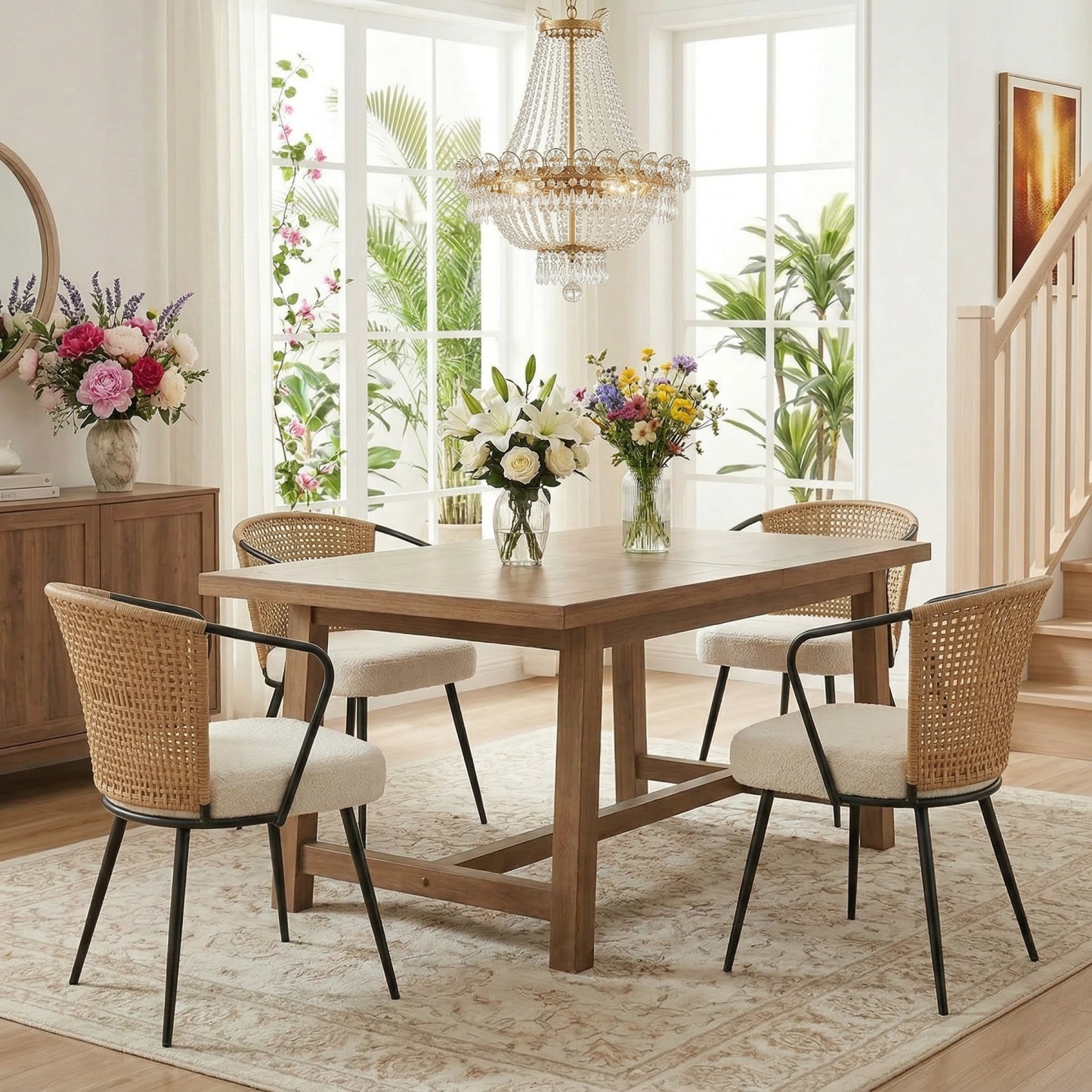 Sailvan Set of 2/4/6 Dining Chairs, Upholstered Rattan Kitchen & Dining Room Chairs with Rattan Backrest & Boucle Cushion, Farmhouse Dining Room Chair with Metal Leg