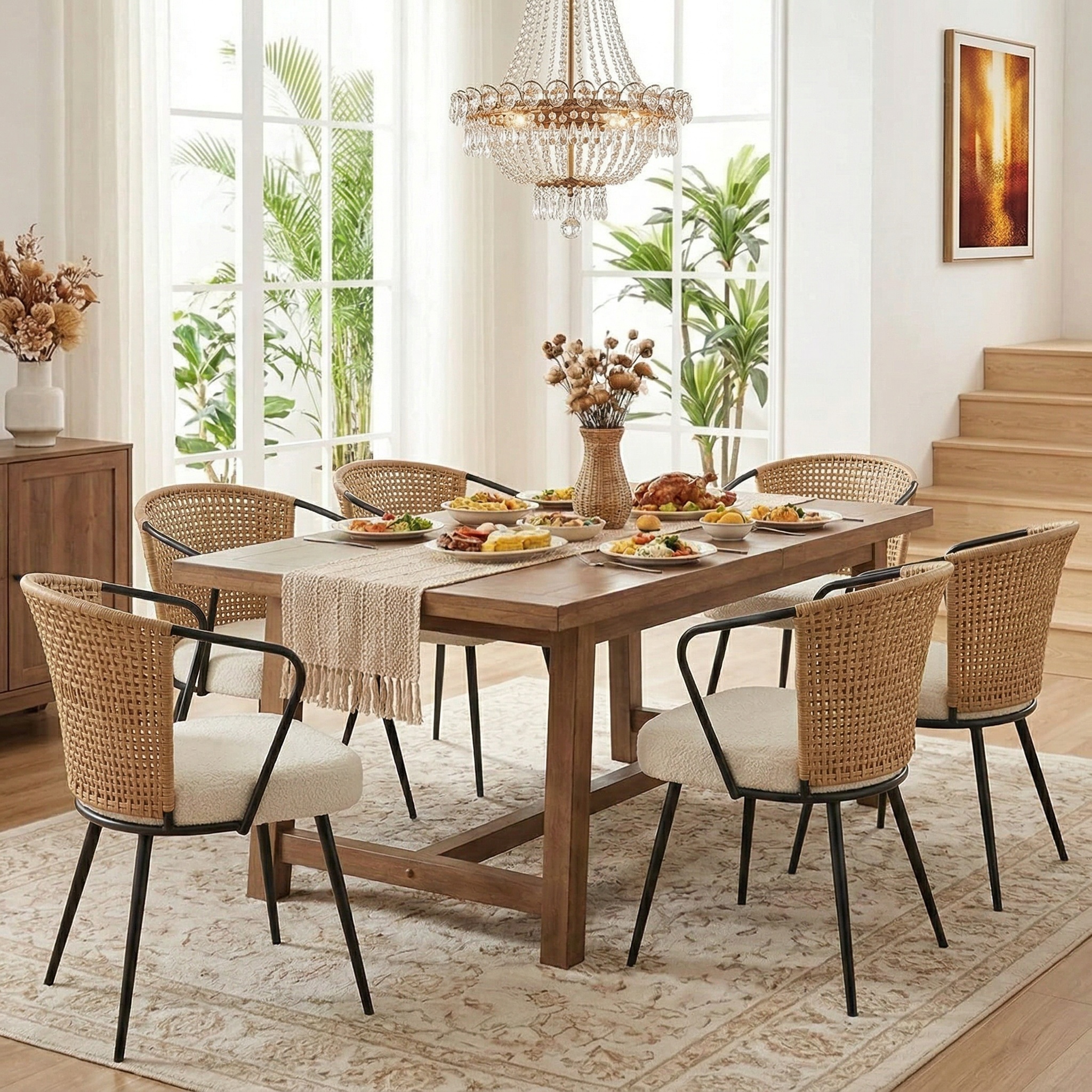Sailvan Set of 2/4/6 Dining Chairs, Upholstered Rattan Kitchen & Dining Room Chairs with Rattan Backrest & Boucle Cushion, Farmhouse Dining Room Chair with Metal Leg
