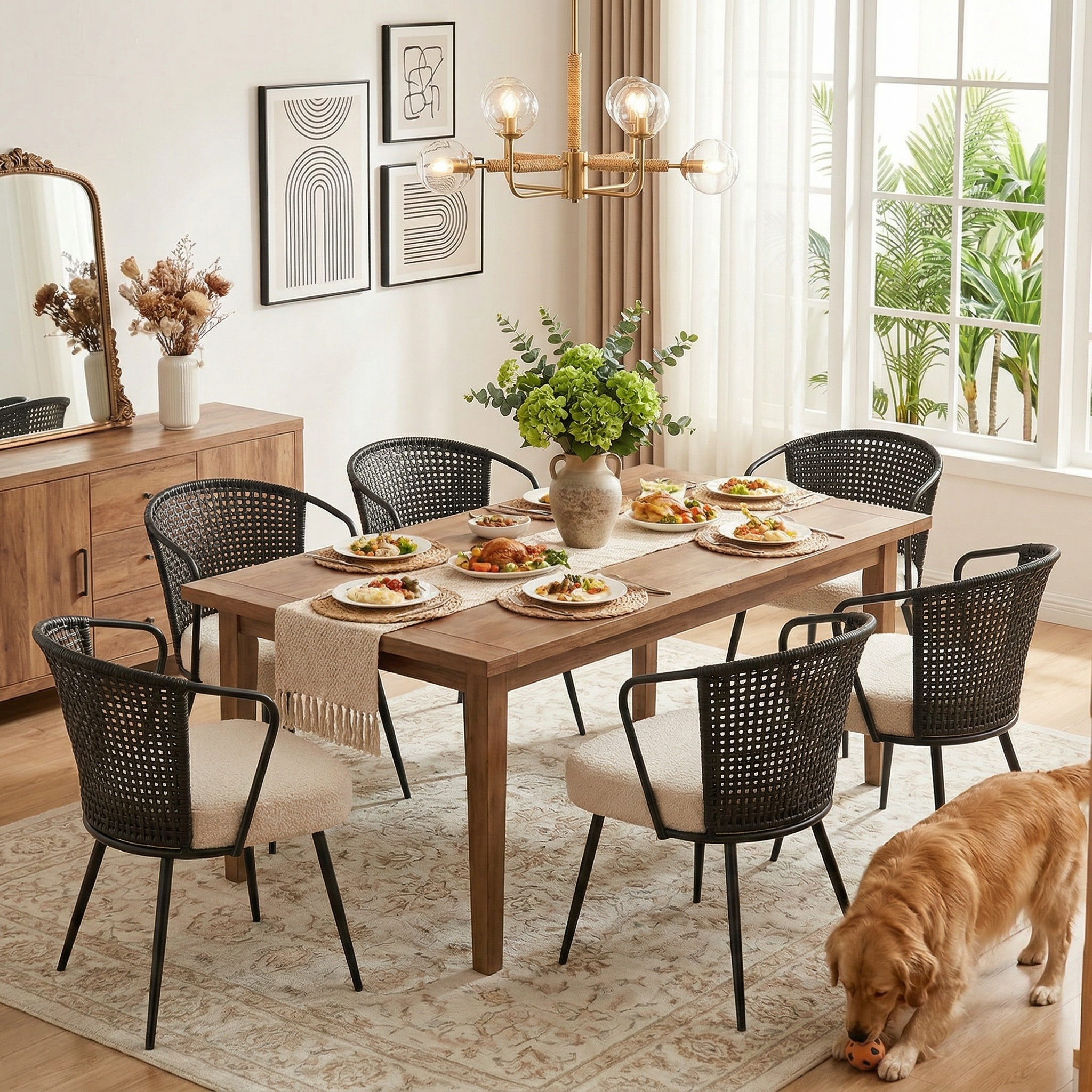 Sailvan Set of 2/4/6 Dining Chairs, Upholstered Rattan Kitchen & Dining Room Chairs with Rattan Backrest & Boucle Cushion, Farmhouse Dining Room Chair with Metal Leg