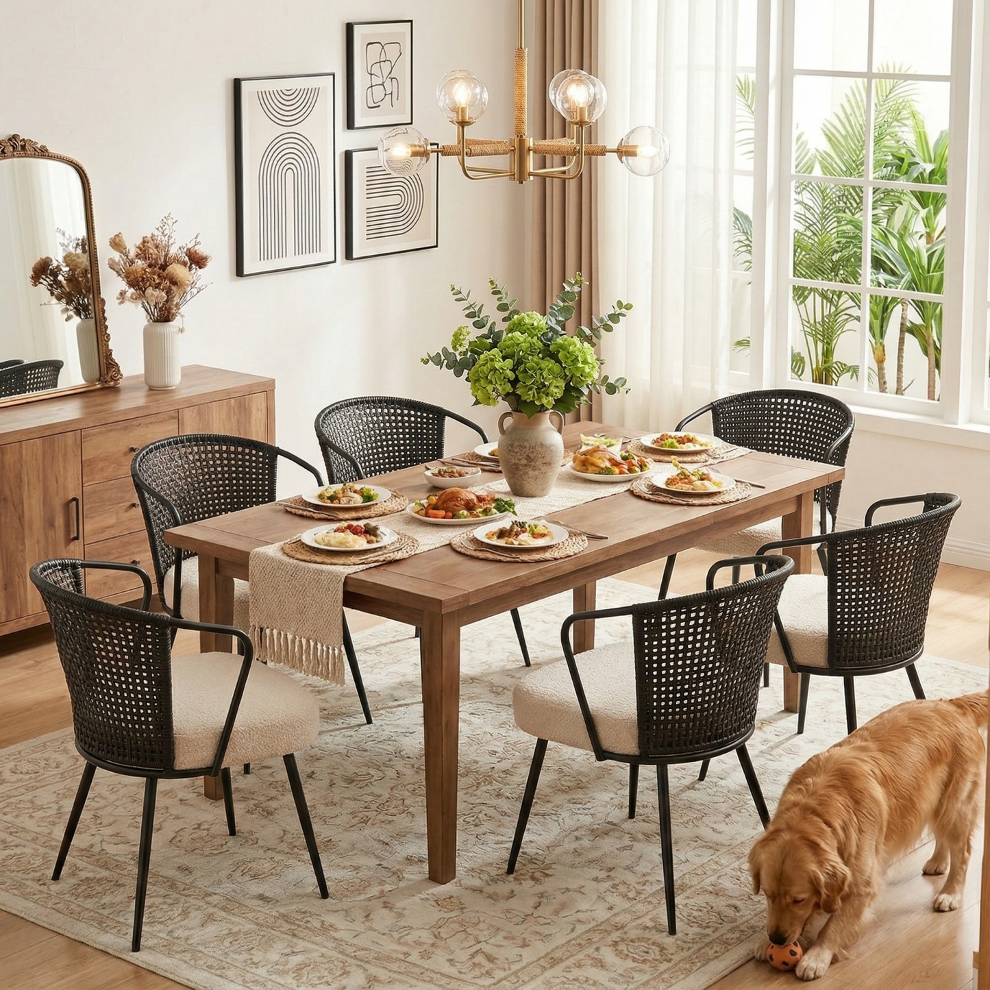 Sailvan Set of 2/4/6 Dining Chairs, Upholstered Rattan Kitchen & Dining Room Chairs with Rattan Backrest & Boucle Cushion, Farmhouse Dining Room Chair with Metal Leg