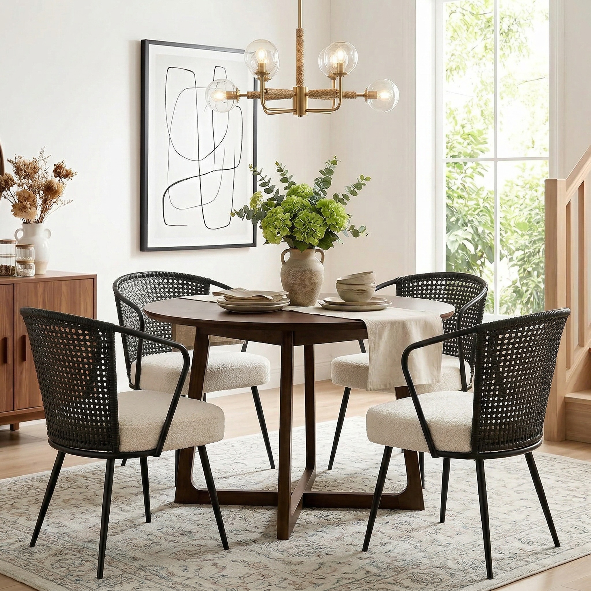 Sailvan Set of 2/4/6 Dining Chairs, Upholstered Rattan Kitchen & Dining Room Chairs with Rattan Backrest & Boucle Cushion, Farmhouse Dining Room Chair with Metal Leg