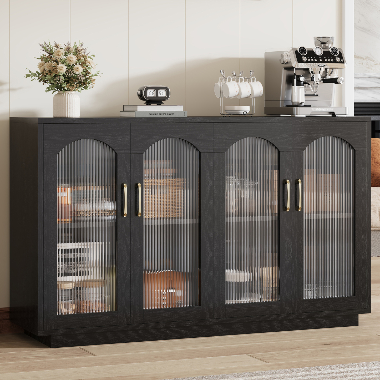 Sailvan Sideboard Buffet Cabinet with Storage, 55.1" Table with 4 Fluted Glass Doors, Built-in Removable Shelf, Kitchen Coffee Bar Table for Dining Room, Living Room,