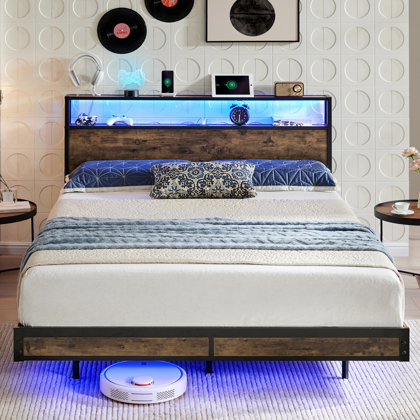 SFull Bed Frame with 2-Tier Storage Headboard, Metal Industrial Style 