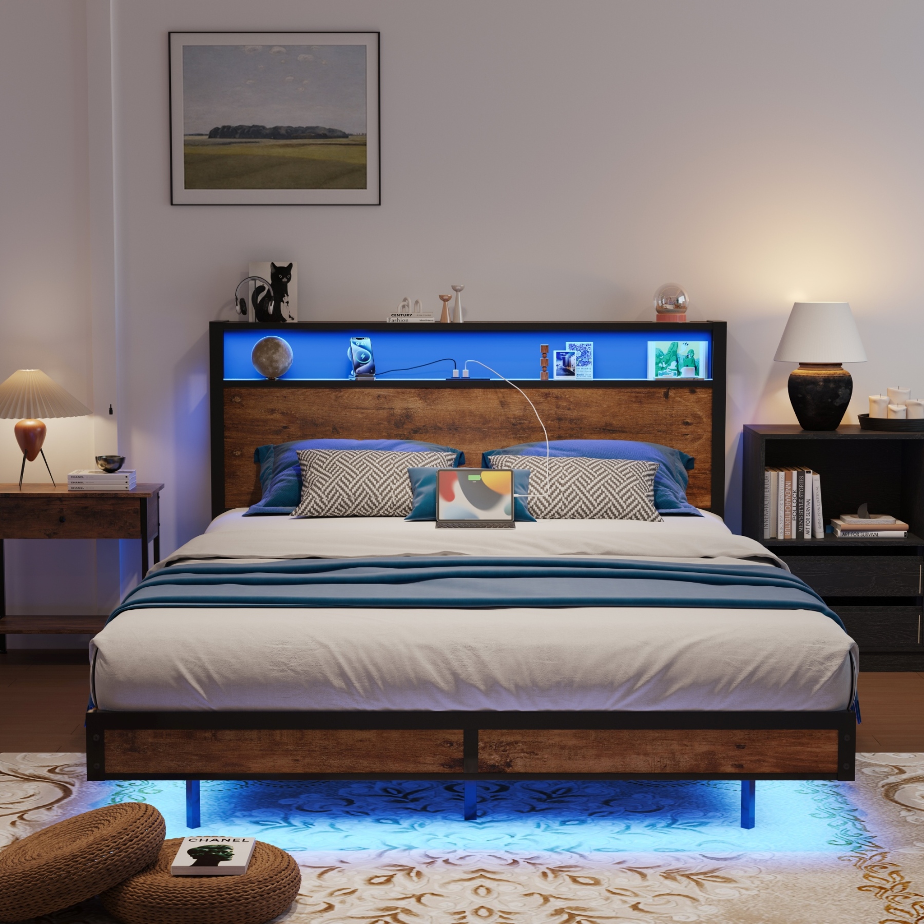 Sailvan Bed Frame, Platform Bed Frame with Headboard and Storage Shelves, LED Light with Metal Slats, Outlets & USB, Dark Brown, Mattress Not Included