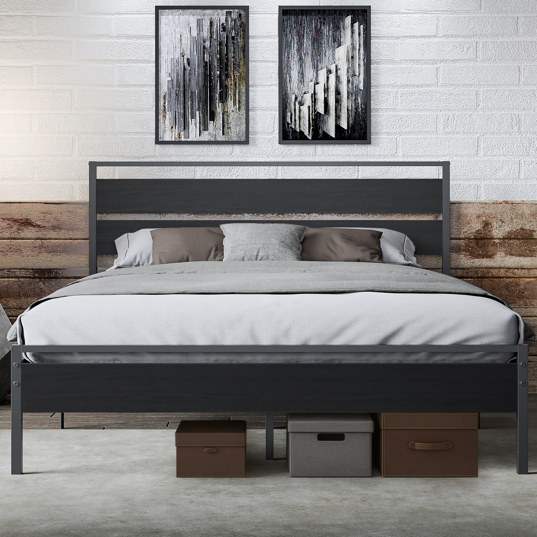 Sailvan Queen Bed Frame with Headboard, Platform Bed with Metal Slat Support, No Box Spring Needed, Dark Gray