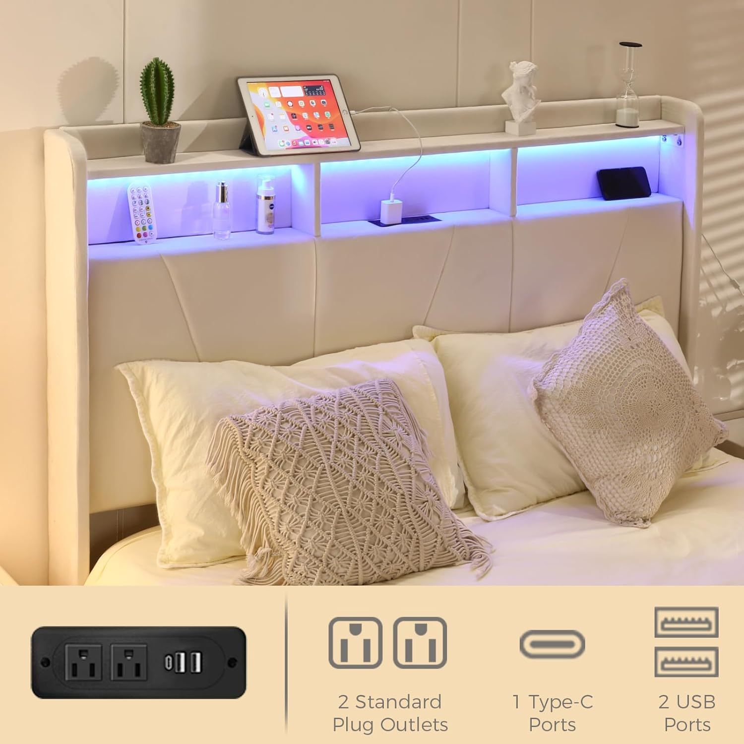Susalt Bed Frame with Storage Headboard, Upholstered Bed Wooden Platform Bed with Drawers & RGB LED Lights