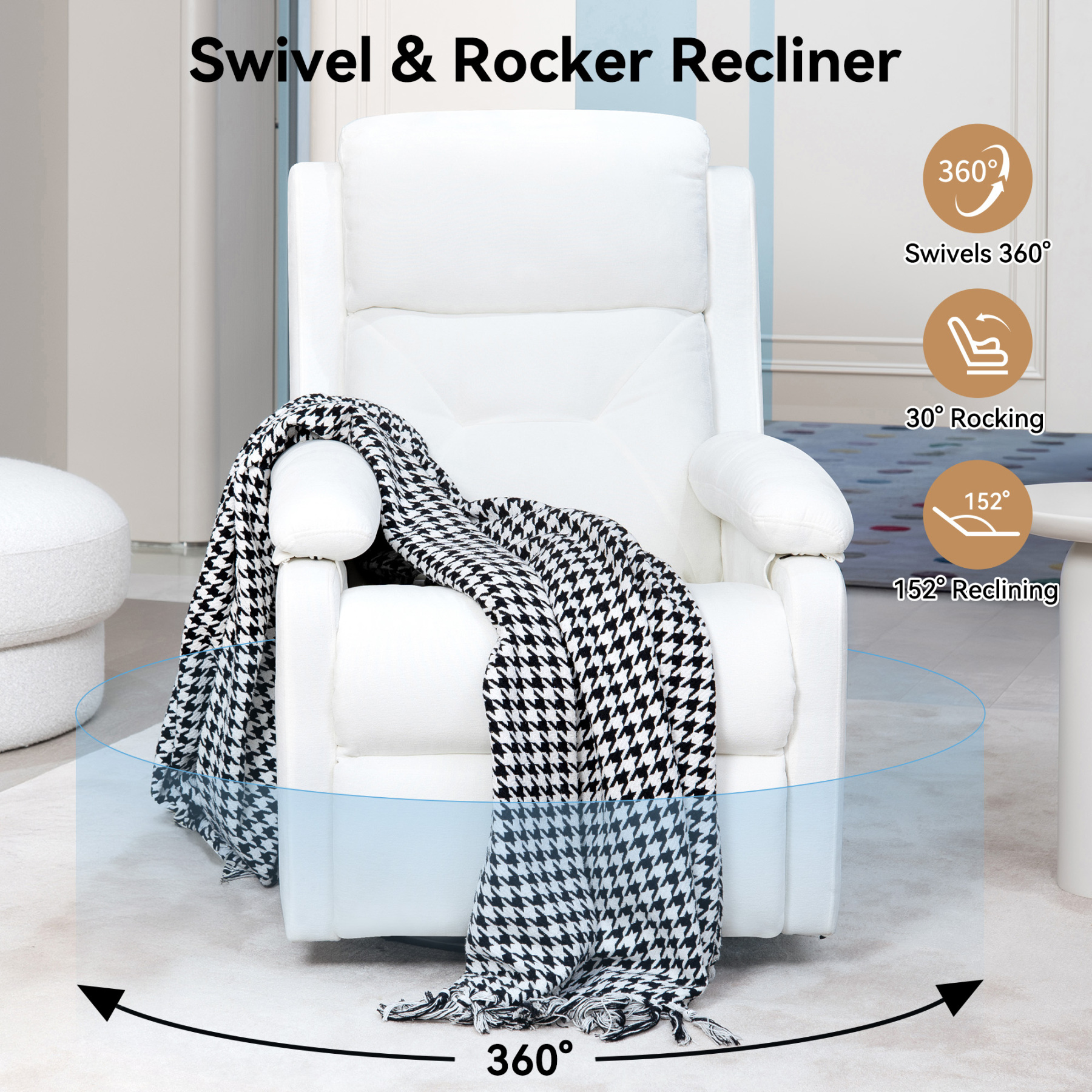 Swivel Rocker Recliner Chair for Adults, Glider Nursery Recliner Chairs Accent Chair with Comfy Fabric, Lumbar Support & Overstuffed Arms for Living Room & Home Teatre