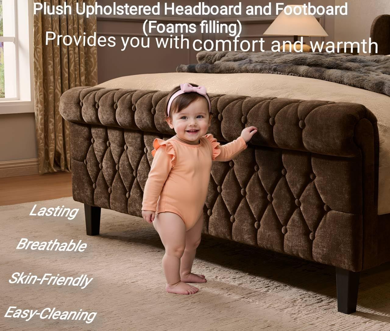 Susalt Queen Size Platform Bed Frame, Chenille Upholstered Sleigh Bed Frame with Scroll Footboard, Button Tufted/Wood Slats Support/No Box Spring Needed