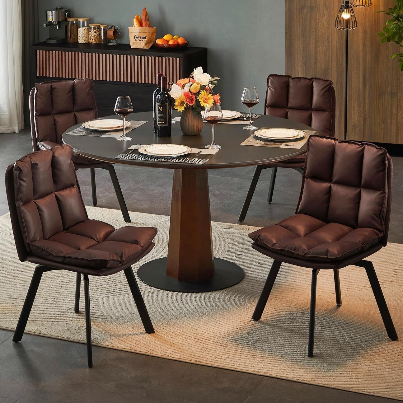 Sailvan Swivel Dining Chair Set, Faux Leather Upholstered Kitchen Chair, Mid Century Modern Dining Room Chair with Rotating Seats and Metal Legs for Home, Restaurant, Office (Black)