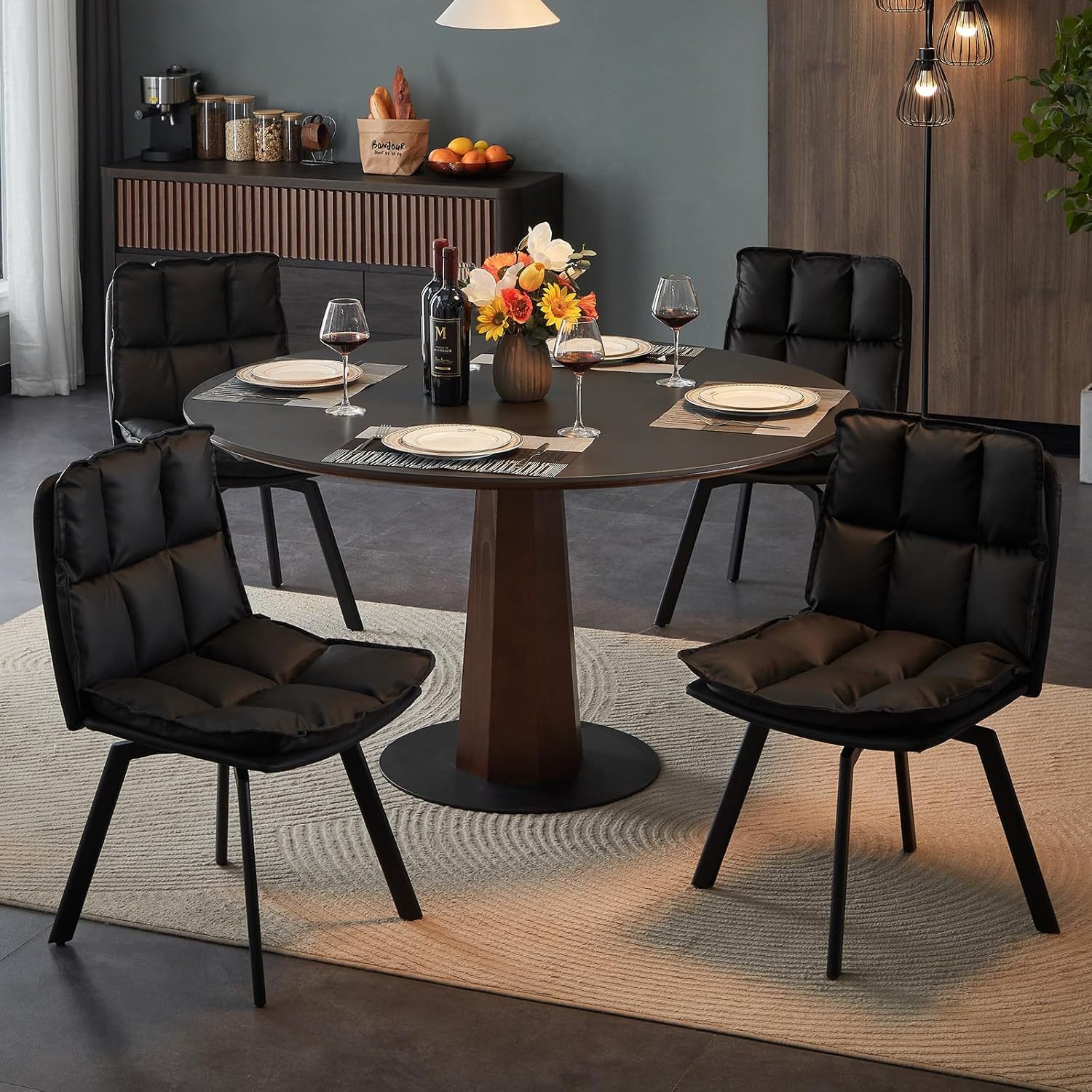 Sailvan Swivel Dining Chair Set, Faux Leather Upholstered Kitchen Chair, Mid Century Modern Dining Room Chair with Rotating Seats and Metal Legs for Home, Restaurant, Office (Black)